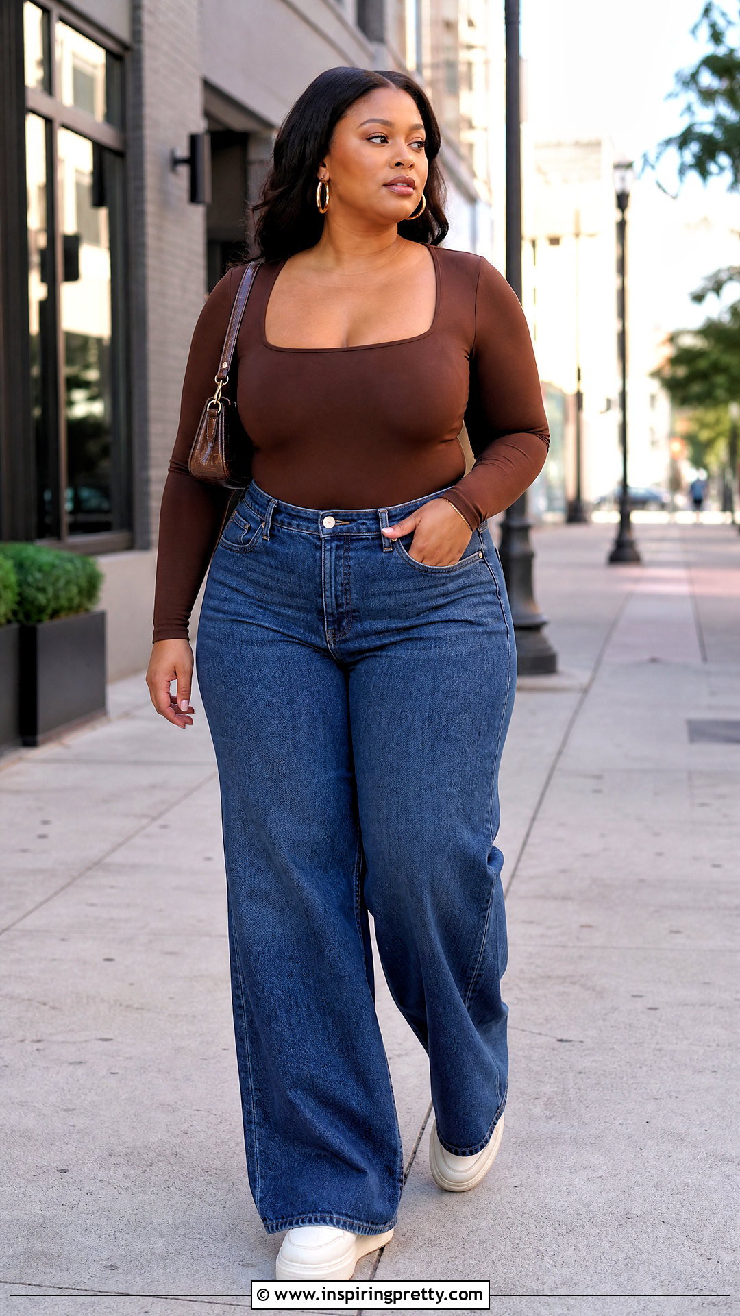 Chocolate Brown Top With Wide Leg Jeans - 50 chocolate brown top outfit ideas