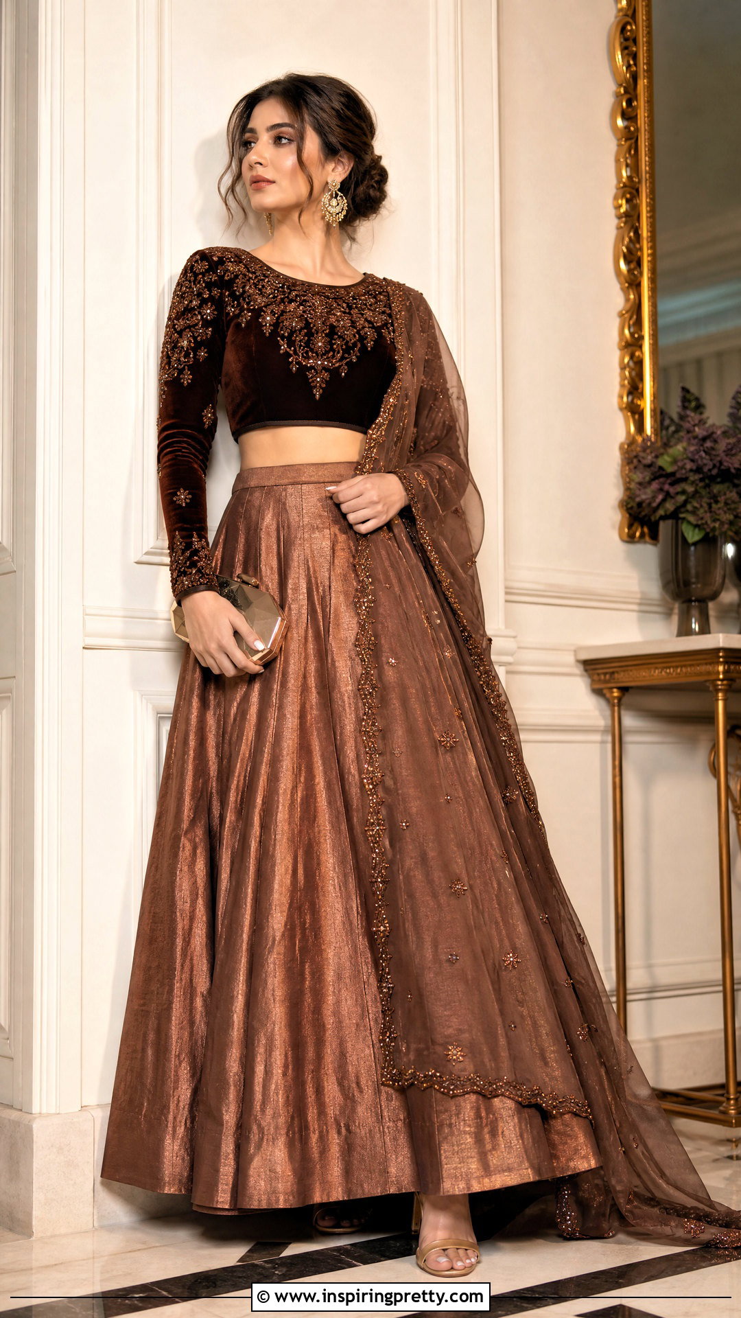 Chocolate Brown Velvet Crop Top With Copper Lehenga - 50 velvet crop top designs for lehengas