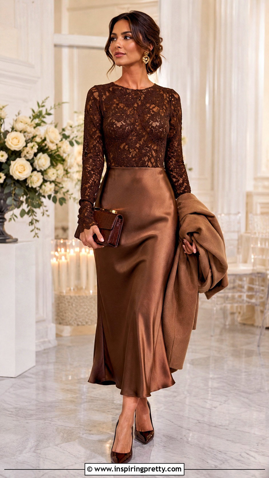 Chocolate Lace Long Sleeve Top With Satin Skirt - 50 lace long sleeve top outfit ideas