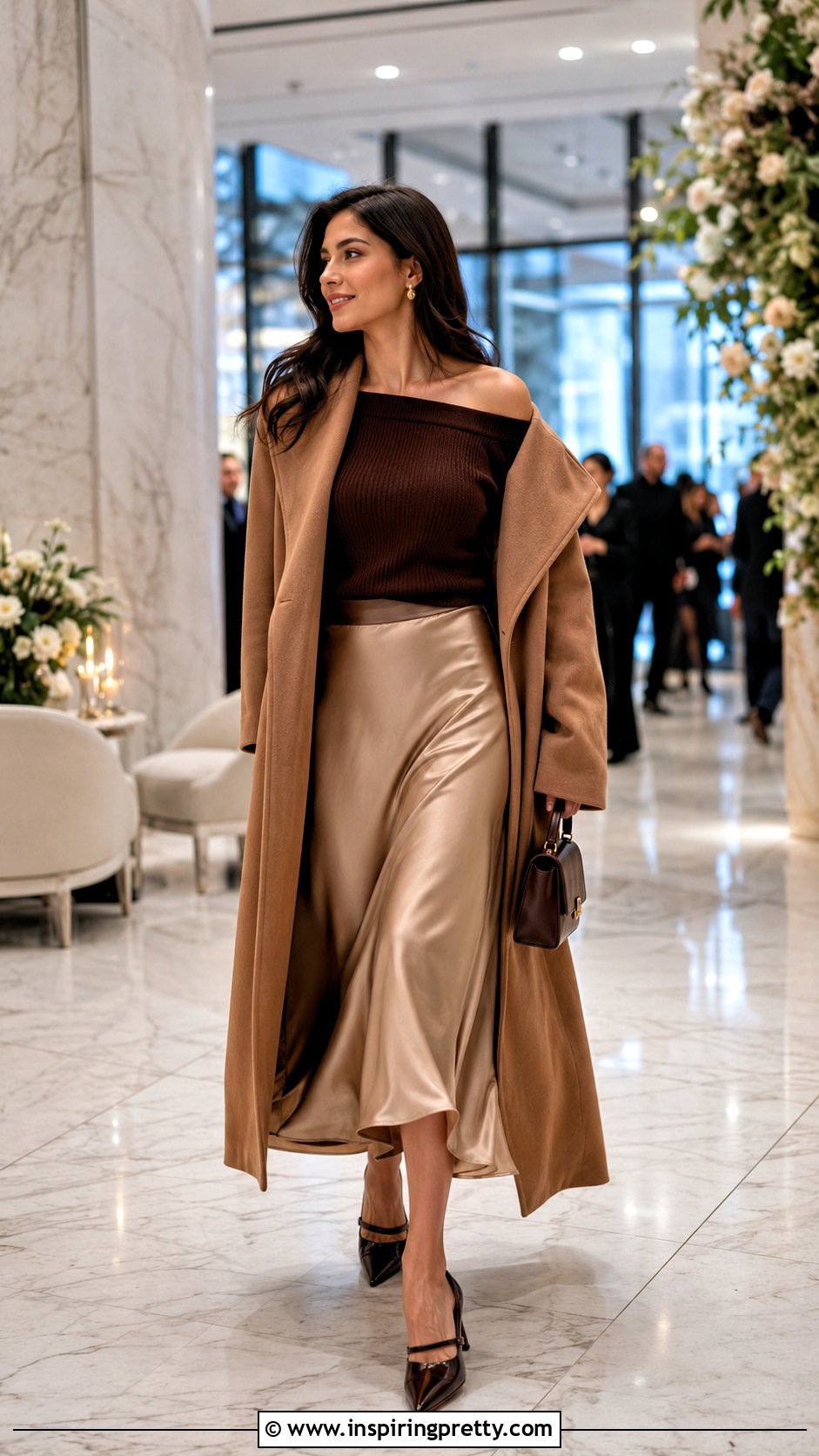 Chocolate Off Shoulder Top With Satin Midi Skirt - 25 fall off the shoulder tops outfit ideas
