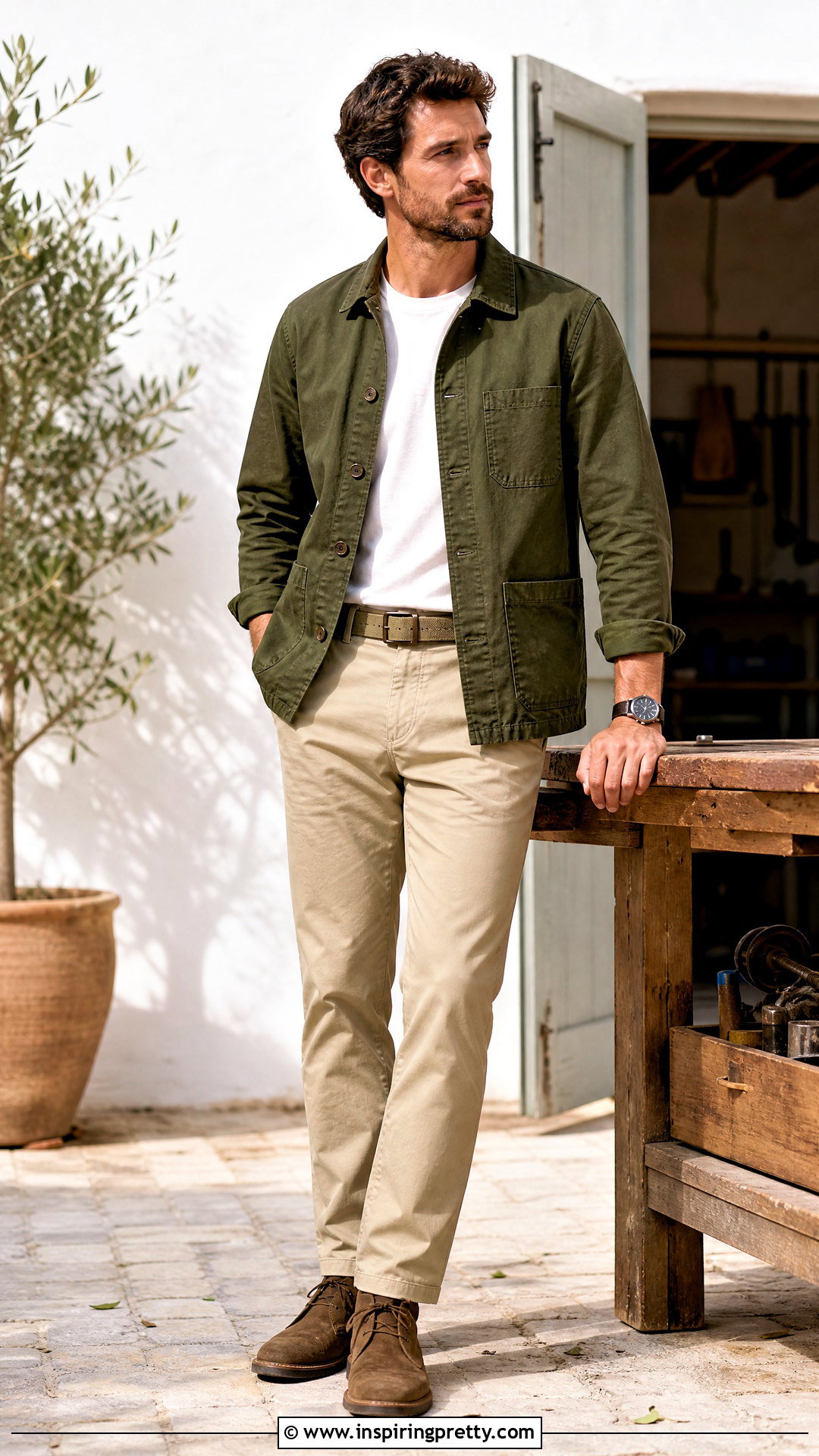 Chore Jacket With T Shirt And Chinos - 50 mens tops outfit ideas