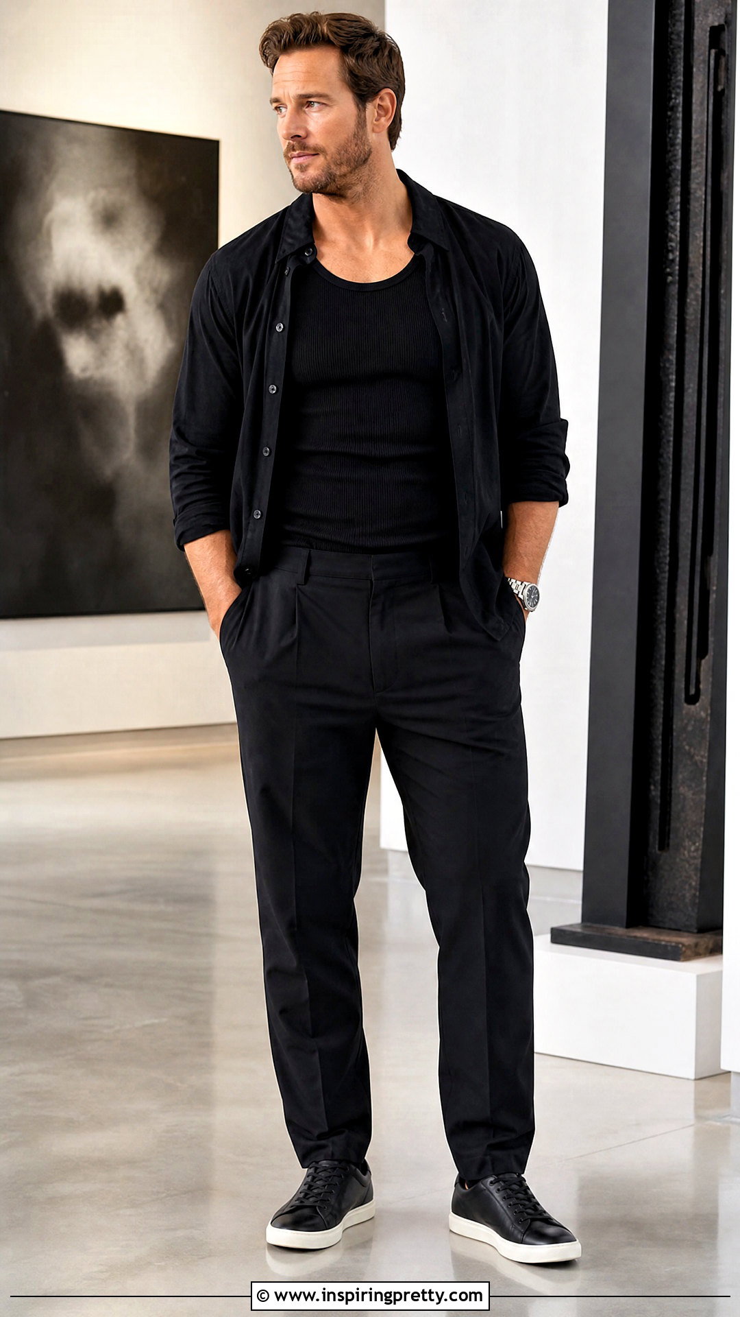 Chris Pratt Black Tank Top With A Matching Overshirt And Trousers - 20 chris pratt tank top outfit ideas