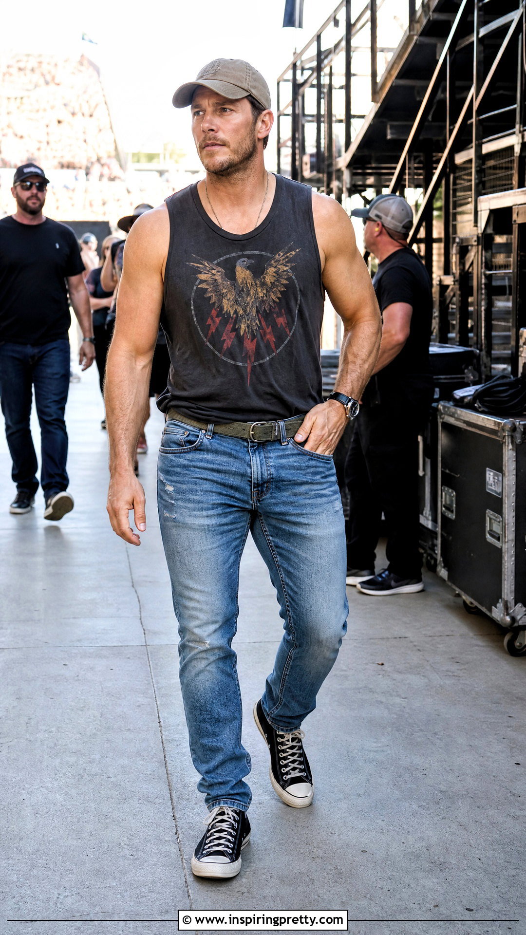 Chris Pratt Graphic Tank Top With Distressed Jeans And High Tops - 20 chris pratt tank top outfit ideas