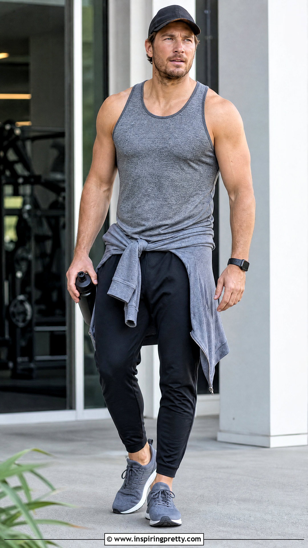 Chris Pratt Gray Tank Top With Joggers And Running Shoes - 20 chris pratt tank top outfit ideas