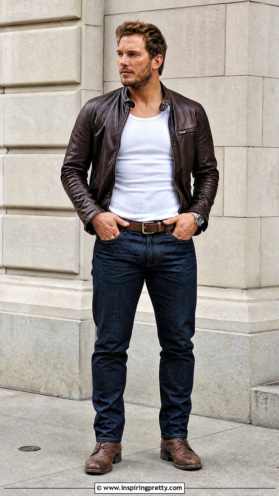 Chris Pratt White Tank Top With A Leather Jacket And Boots - 20 chris pratt tank top outfit ideas