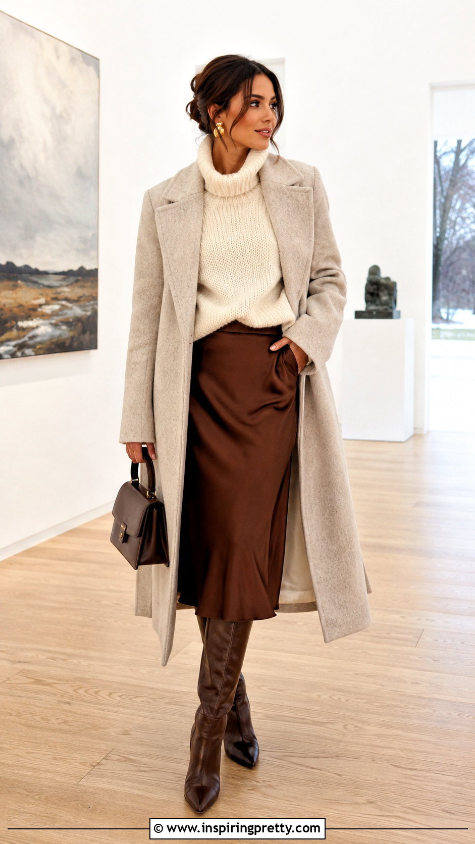 Chunky Sweater With Satin Midi Skirt - 50 cute winter tops outfit ideas