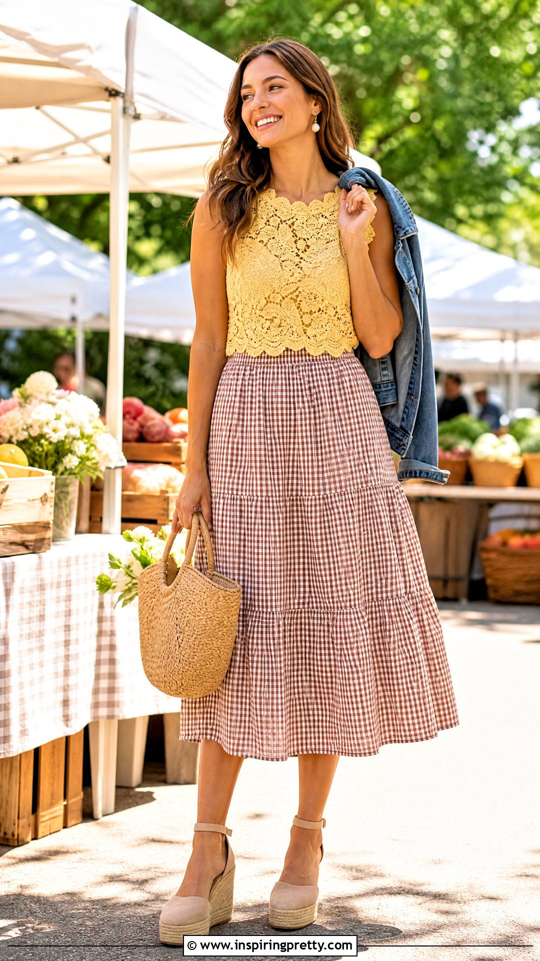 Cider Yellow Lace Top With Gingham Midi Skirt - 20 Cider Yellow Lace Top outfit ideas