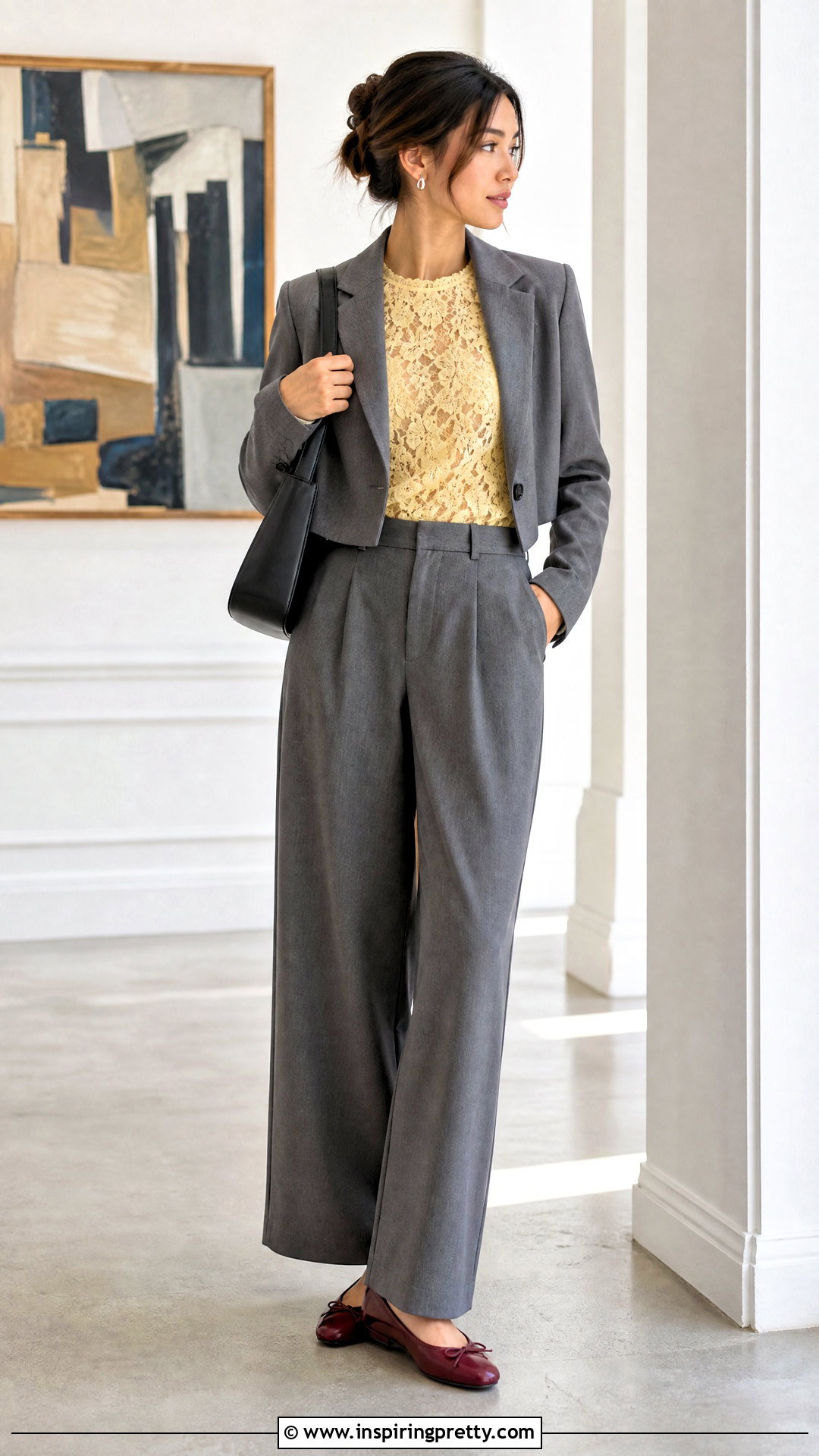 Cider Yellow Lace Top With Gray Trousers - 20 Cider Yellow Lace Top outfit ideas