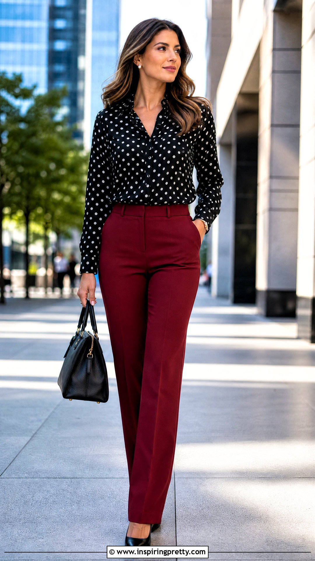 Classy Polka Dot Blouse And Red Pants Outfit - 50 classy tops for women chic ideas