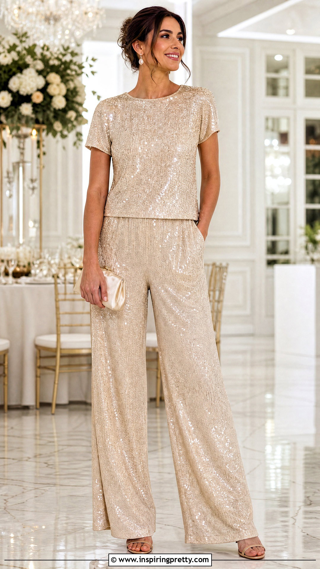 Classy Sequin Top And Wide Leg Pants Outfit - 50 classy tops for women chic ideas