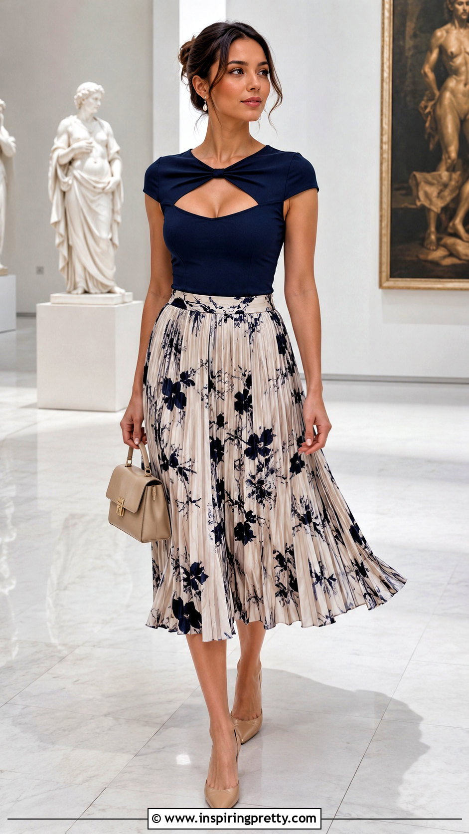 Cleavage Cutout Top With Pleated Midi Skirt - 20 cleavage cutout top outfit ideas