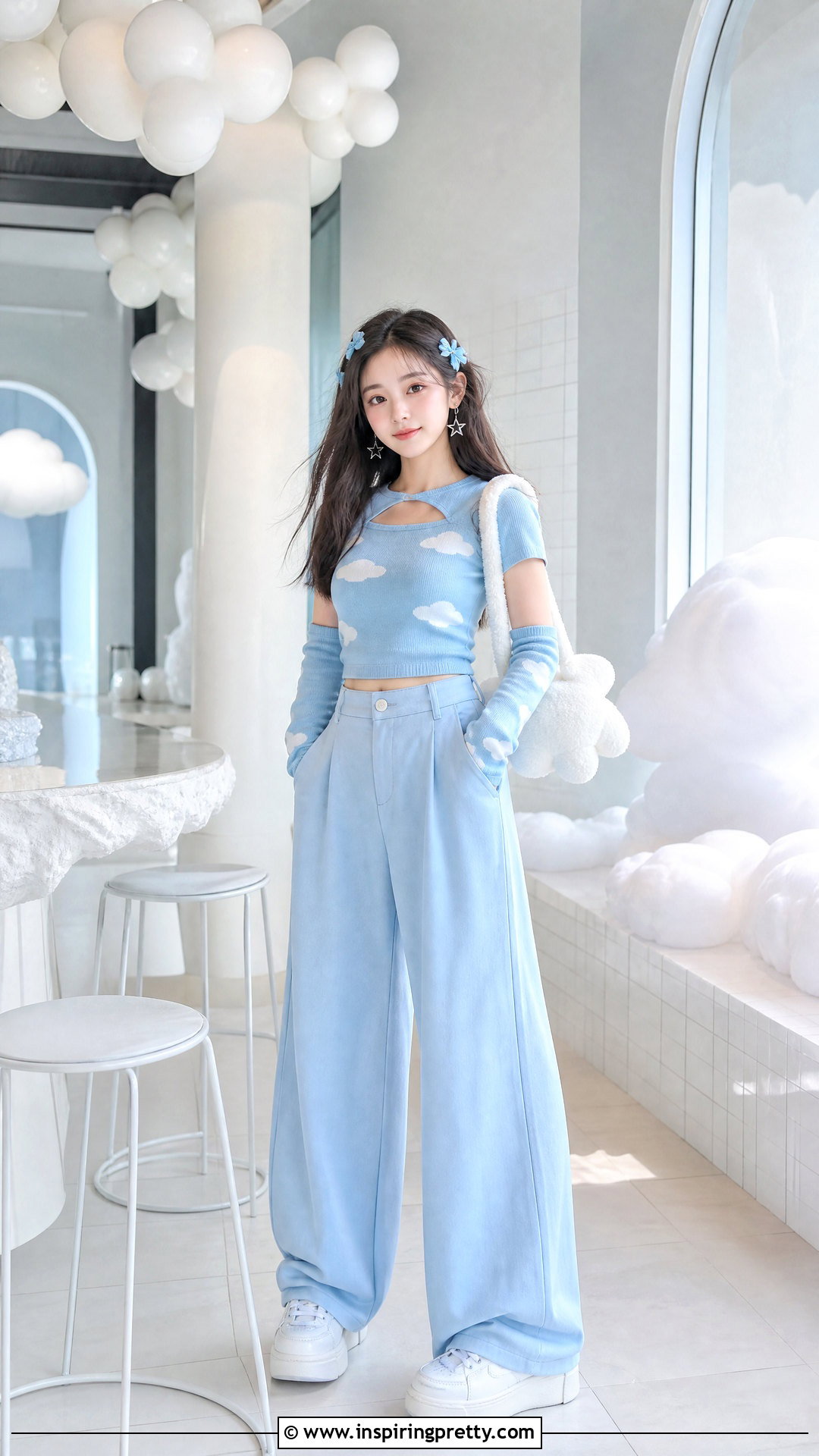 Cloud Cutecore Top With Blue Wide Leg Pants - 50 Cutecore Top outfit ideas