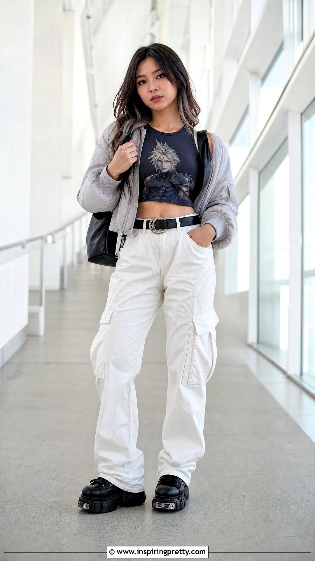 Cloud Strife Crop Top With White Cargo Jeans - 25 Cloud Strife Crop Top outfit ideas
