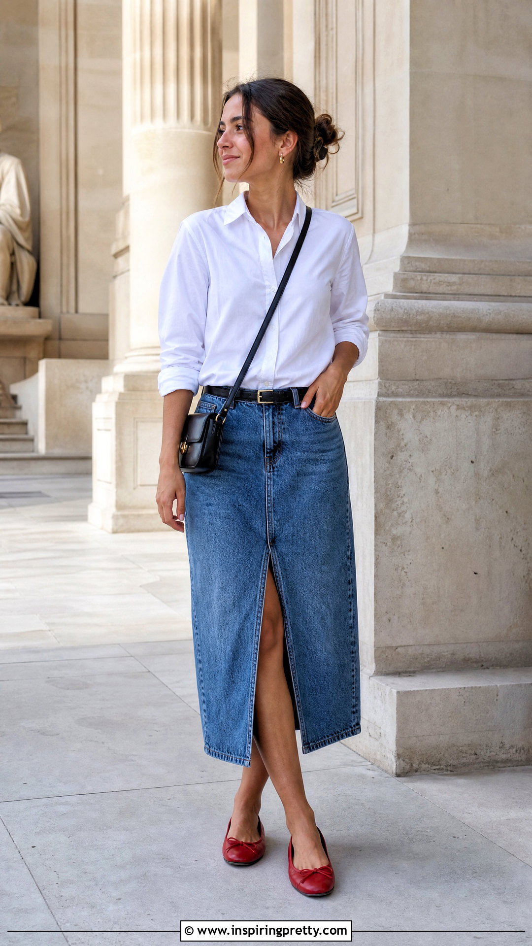 Club Monaco White Top With Denim Midi Skirt And Ballet Flats - 20 club monaco white top outfit ideas