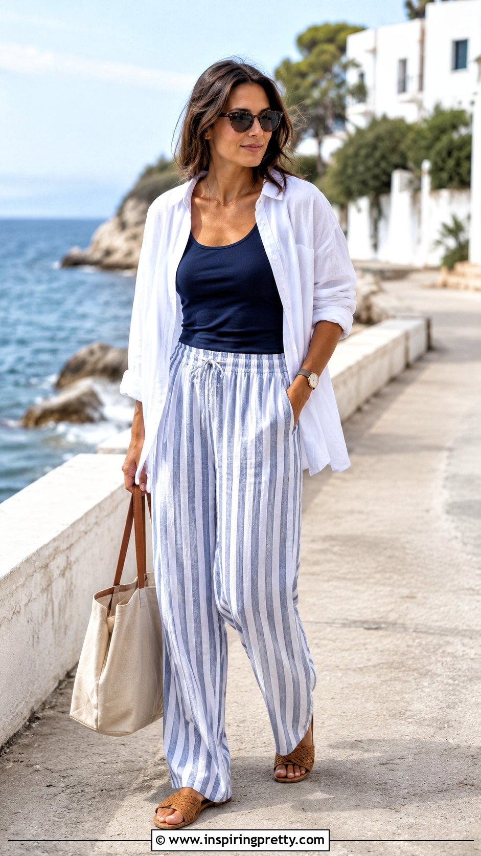 Coastal Tank Top With Striped Pants - 50 tank top aesthetic ideas