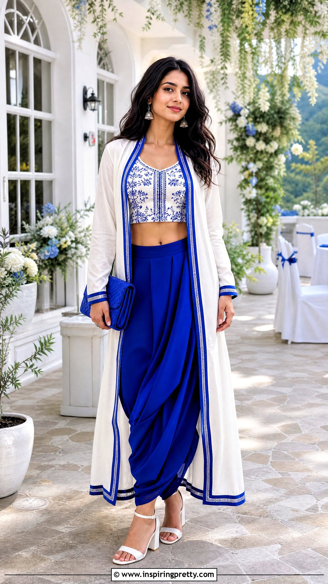 Cobalt Blue Dhoti Skirt With White Crop Top And Jacket - 25 dhoti skirt with crop top and jacket outfit ideas