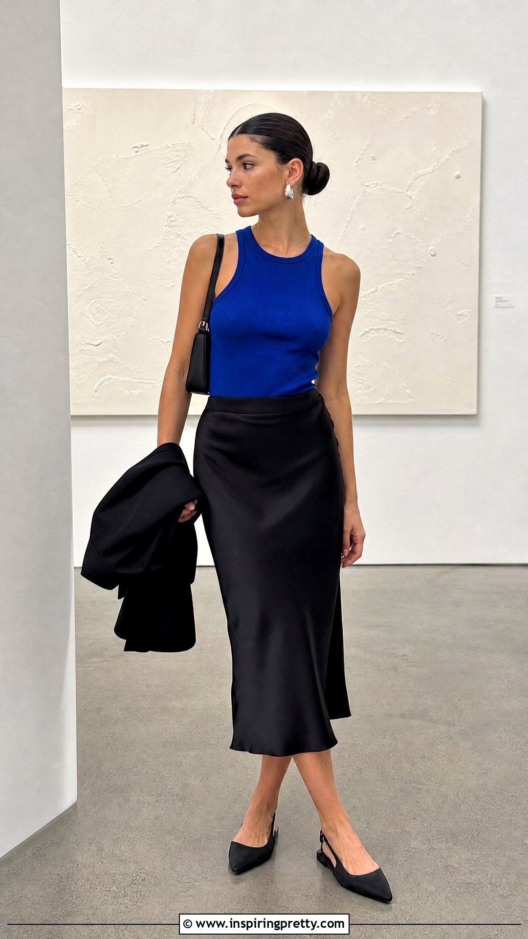 Cobalt Blue Knitted Tank Top With Black Satin Skirt - 20 Colorful Knitted Tank Tops outfit ideas