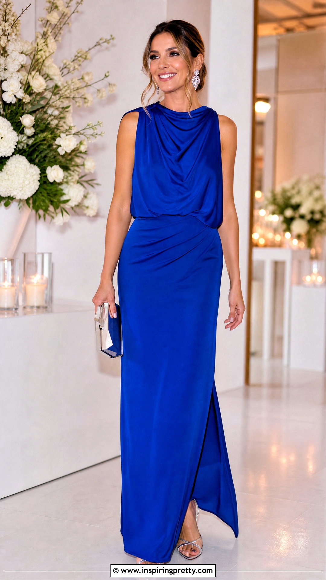 Cobalt Blue Skirt And Draped Top - 50 wedding guest skirt and top outfit ideas