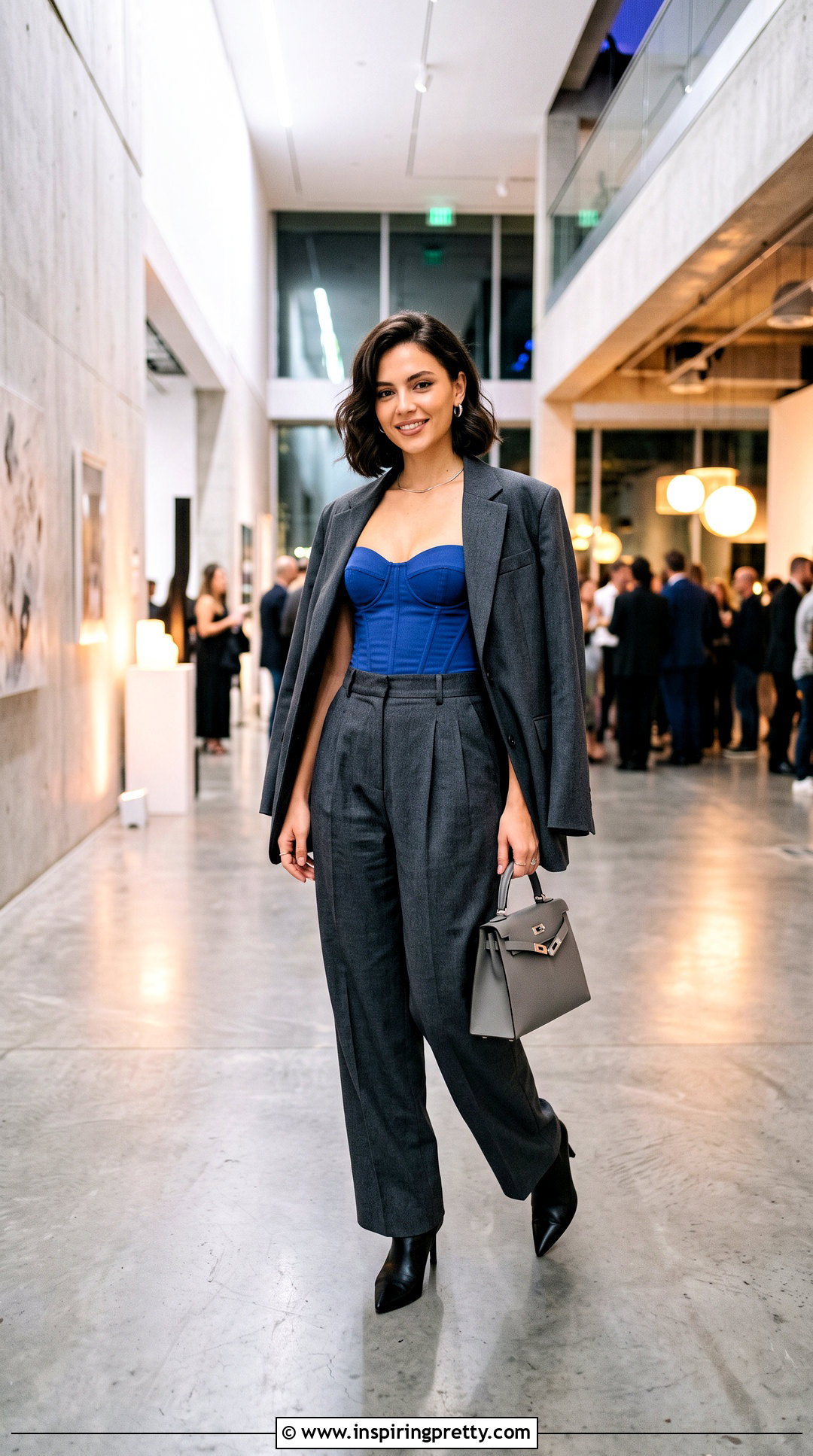 Cobalt Corset Top With Gray Trousers - 50 corset top and trousers outfit ideas