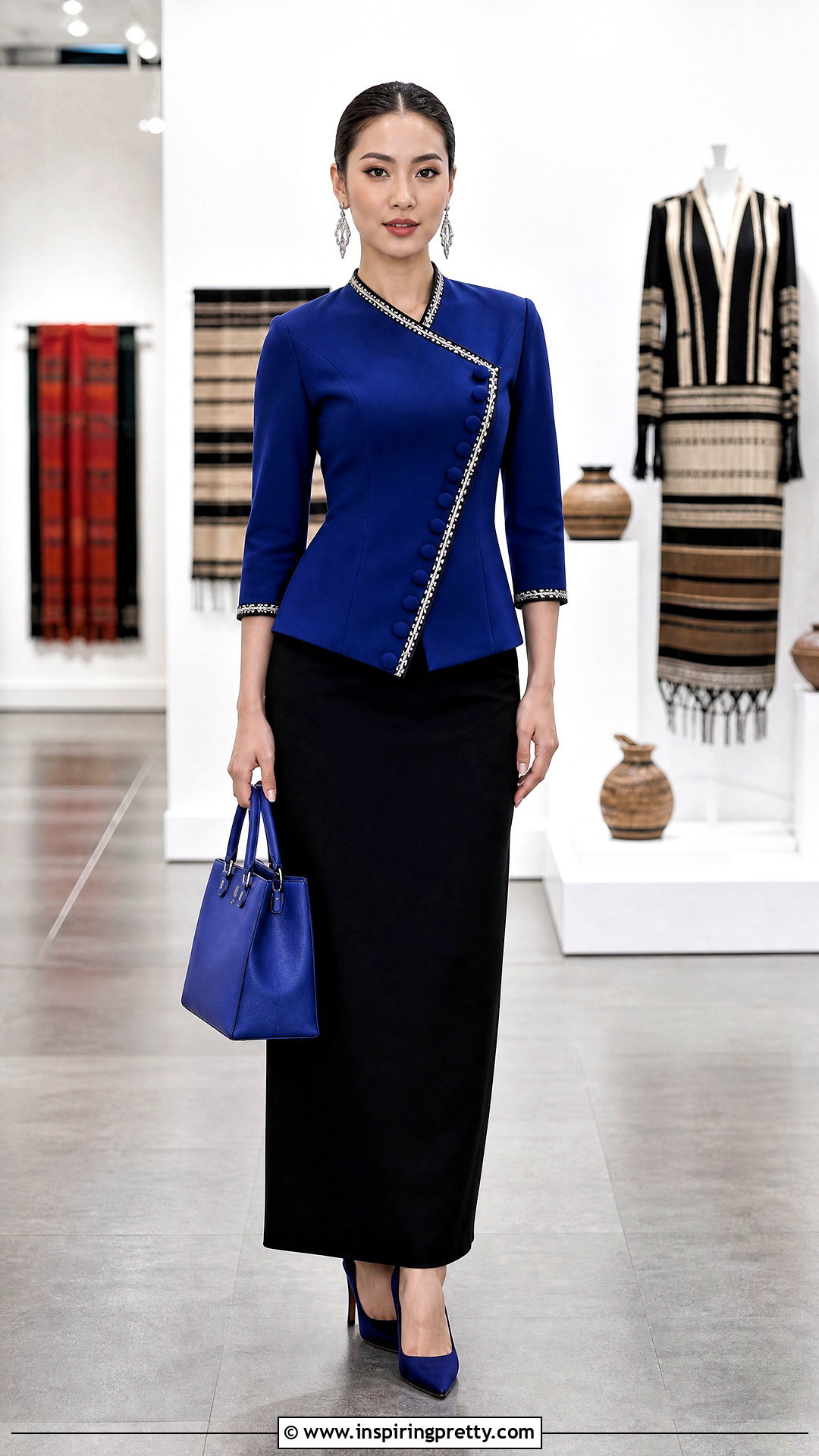 Cobalt Side Button Mizo Top With Black Skirt - 50 mizo tops designs