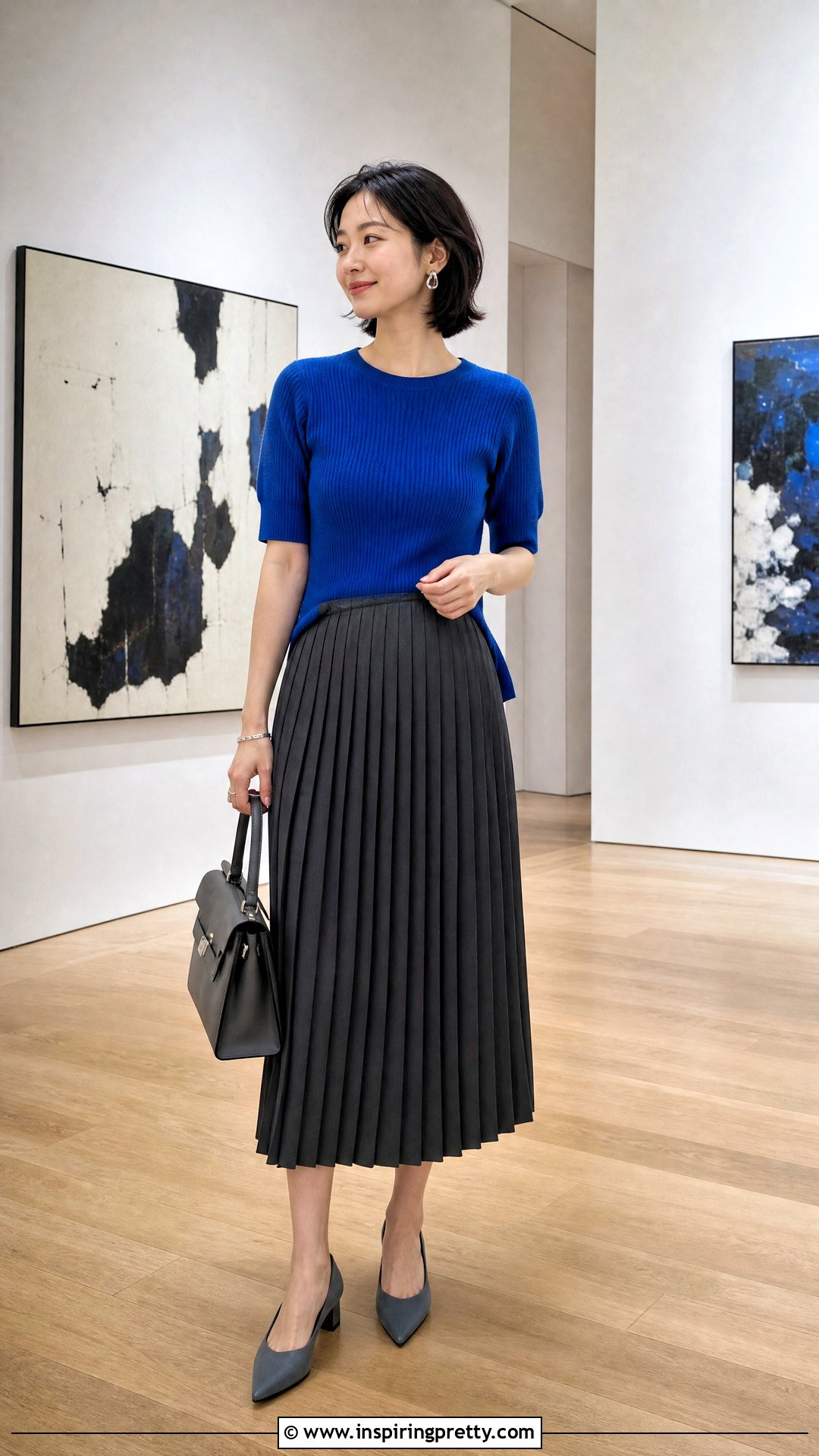 Cobalt Top With Gray Midi Skirt - 50 classy tops outfit ideas