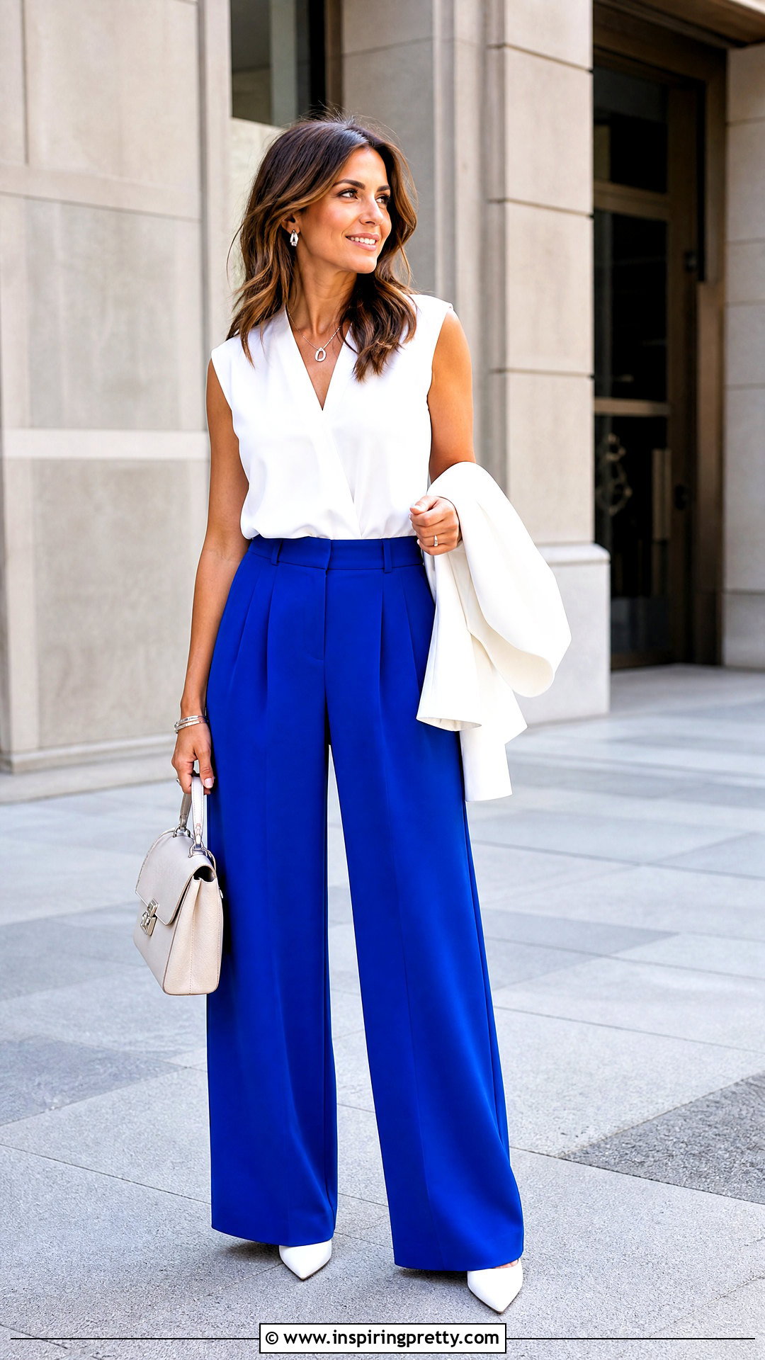 Cobalt Trouser And White Blouse Outfit - 50 Trouser And Top outfit ideas