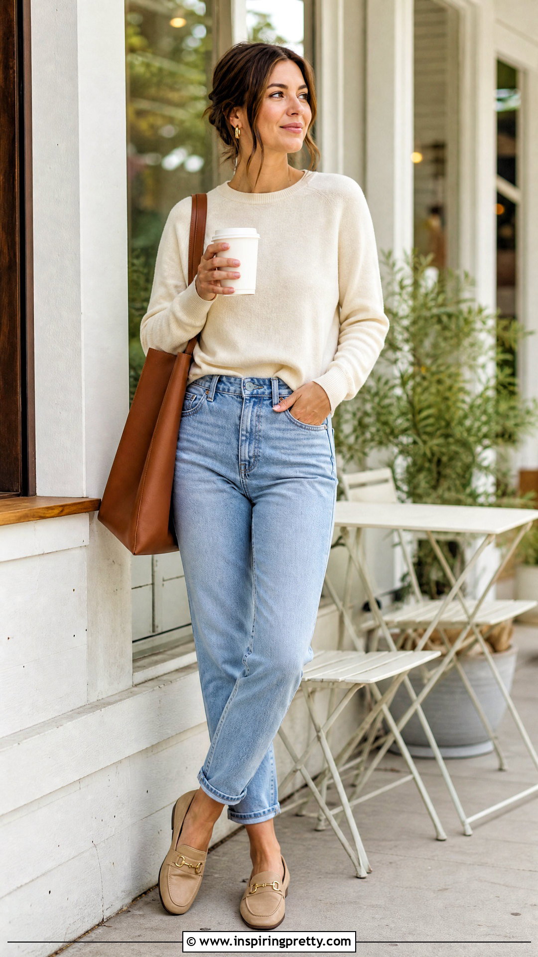 Coffee Cup Pose With Sweater And Mom Jeans - 50 Photo Poses In Jeans Tops