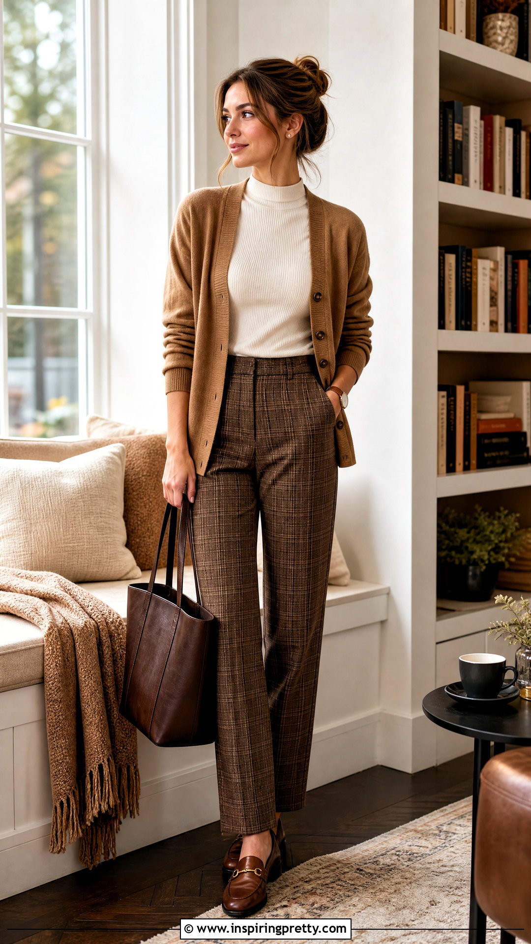 Coffee Shop Academia Cardigan and Plaid Pants Outfit - 50 top academia ideas
