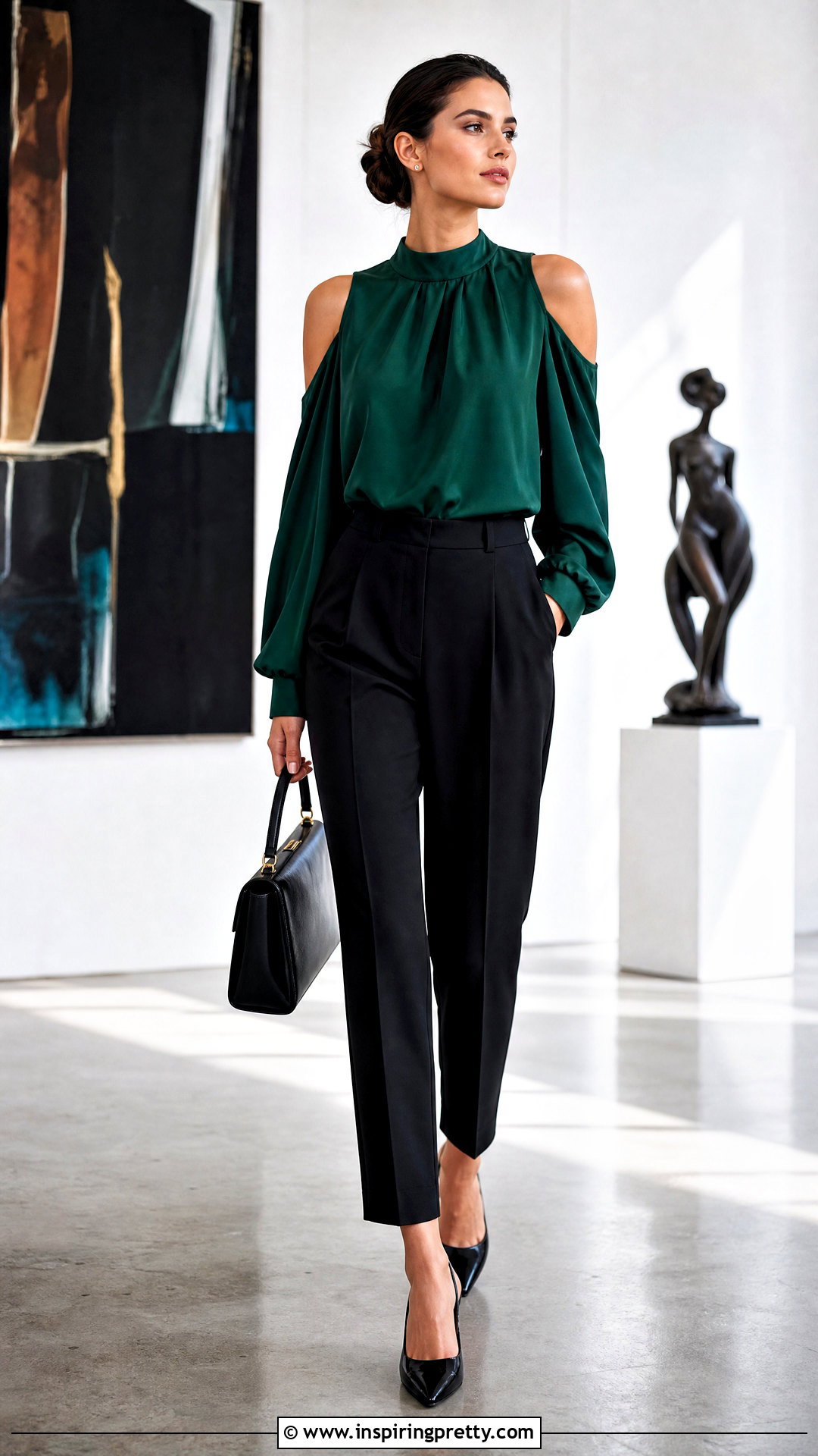 Cold Shoulder Blouse With Tailored Black Trousers - 20 ladies cold shoulder tops outfit ideas