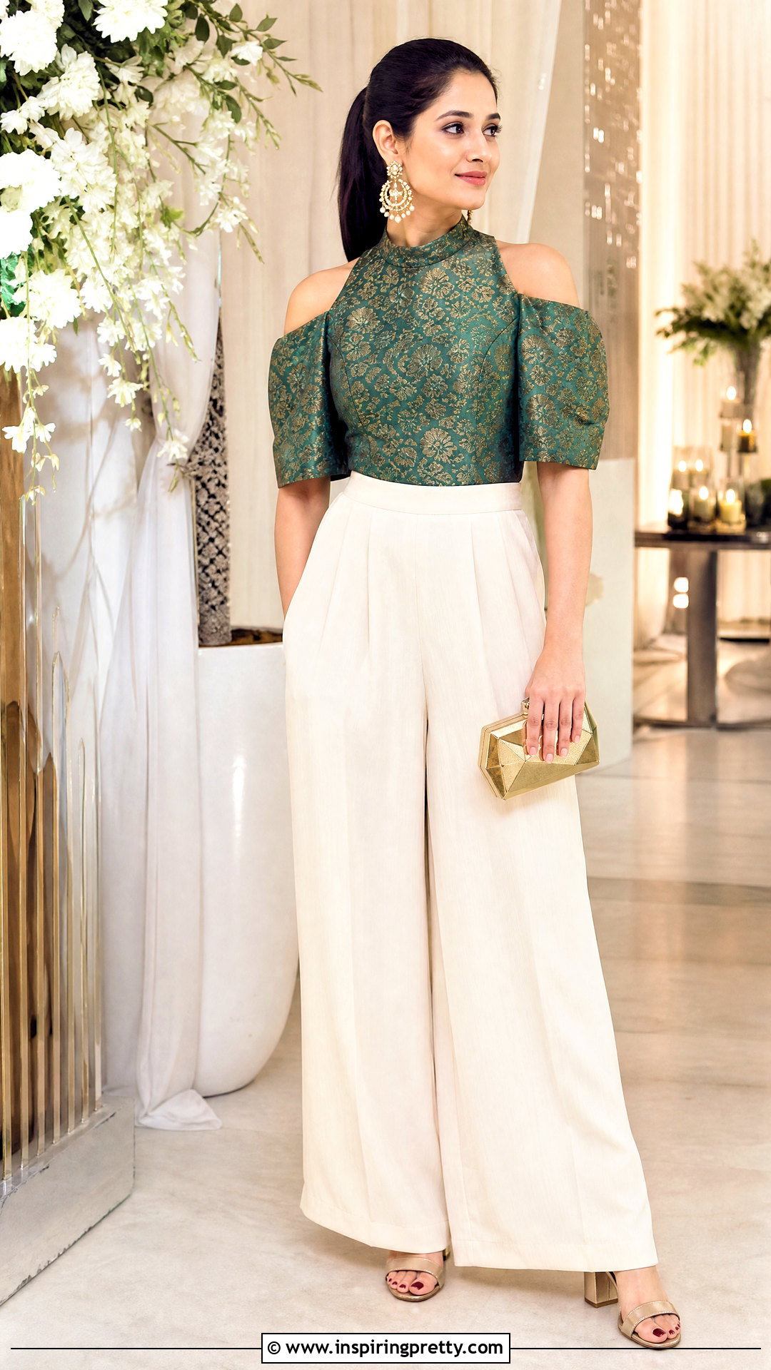 Cold Shoulder Brocade Top With Palazzo Pants - 50 brocade top designs