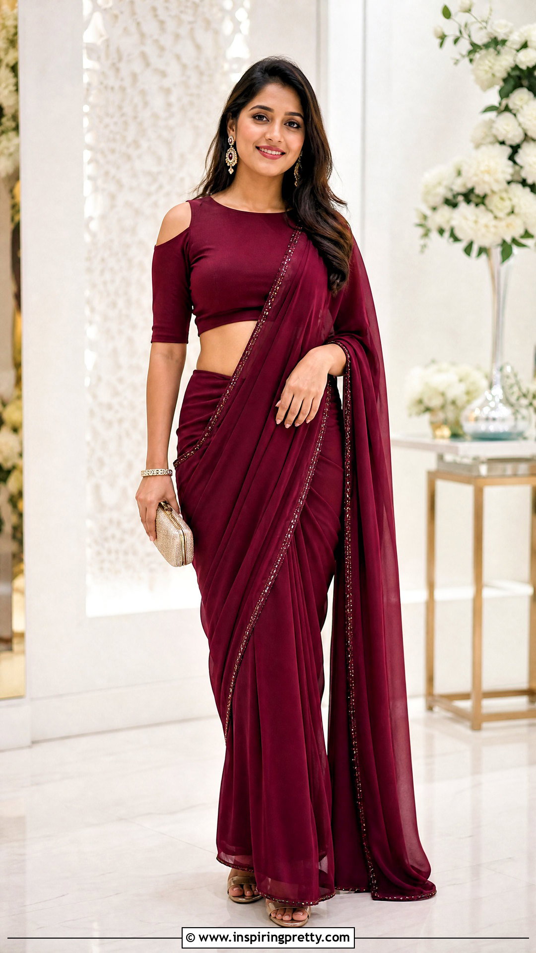 Cold Shoulder Crop Top Blouse With Georgette Saree - 50 latest crop top blouse designs