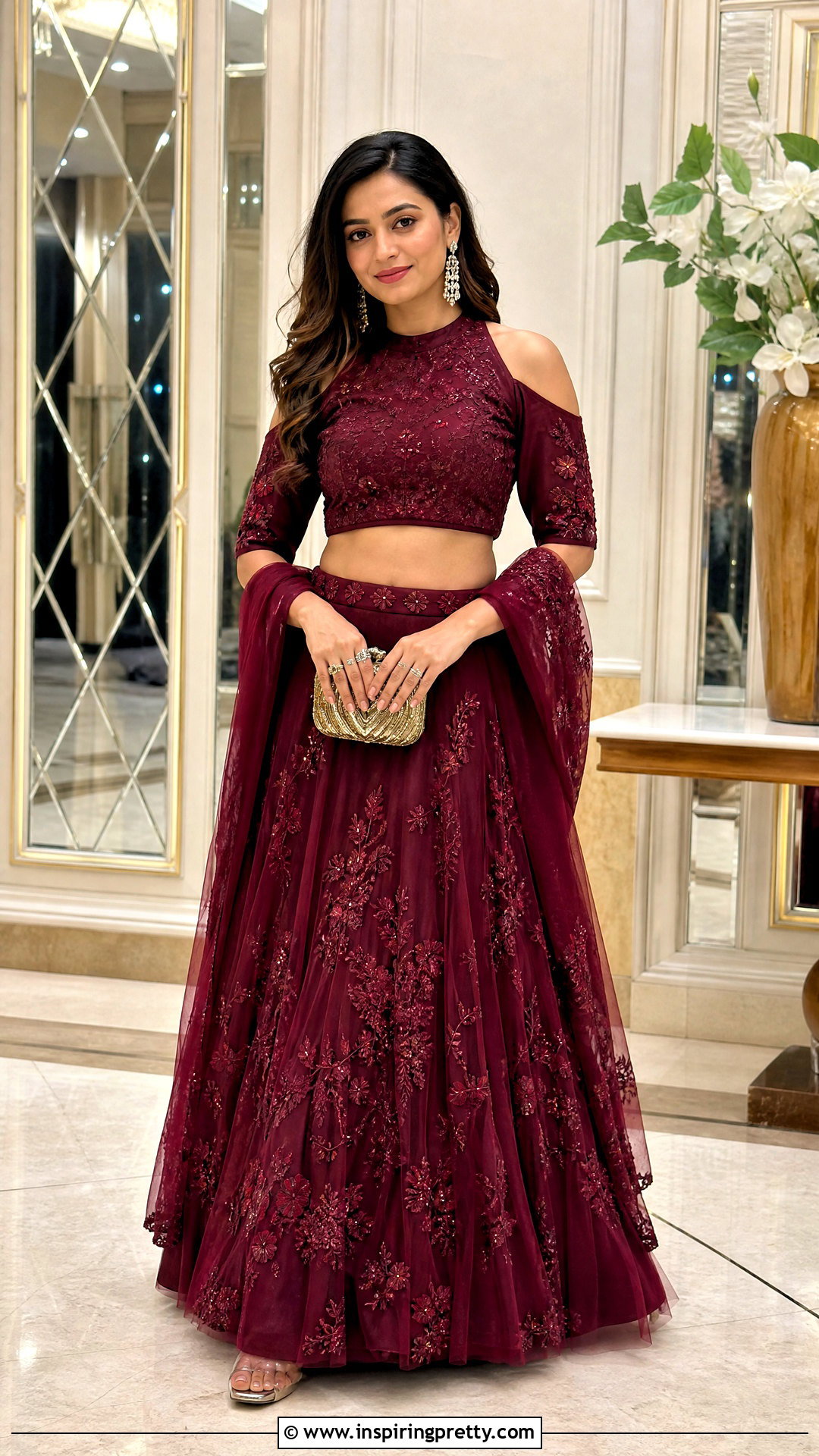 Cold Shoulder Crop Top Lehenga - 50 Crop Top Designs For Lehenga Ideas