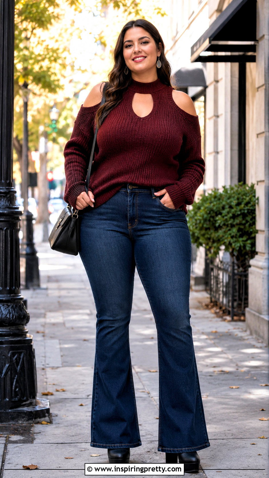 Cold Shoulder Cut Out Sweater Top With Flare Jeans - 25 cut out sweater top outfit ideas