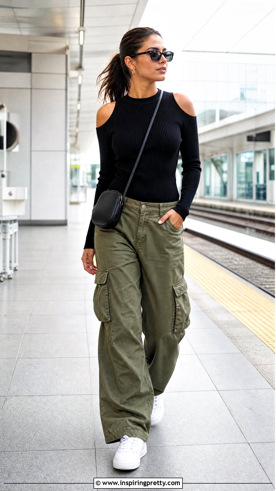 Cold Shoulder Knit Top With Cargo Pants - 25 cold shoulder knit top outfit ideas
