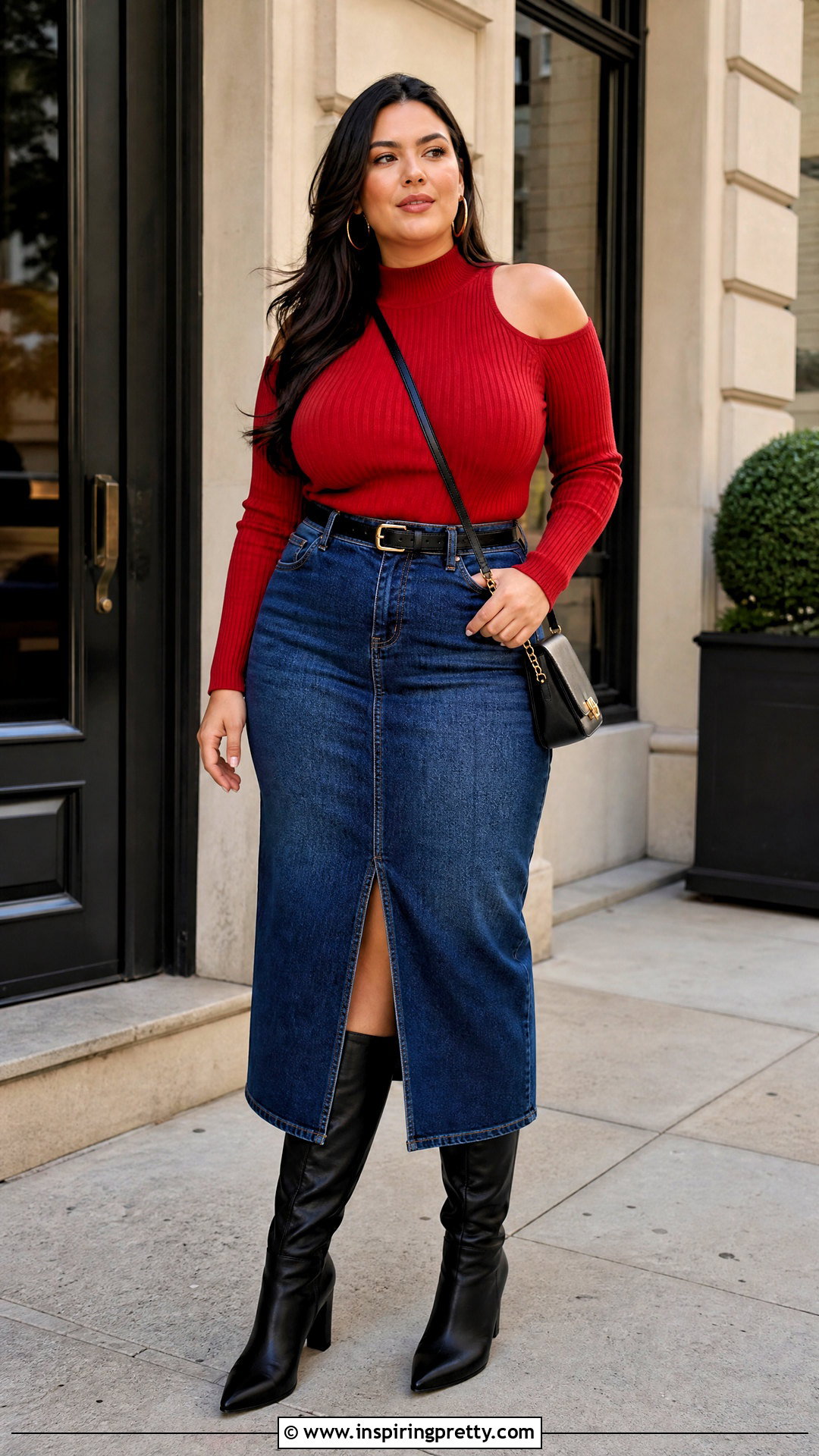 Cold Shoulder Knit Top With Denim Midi Skirt - 25 cold shoulder knit top outfit ideas