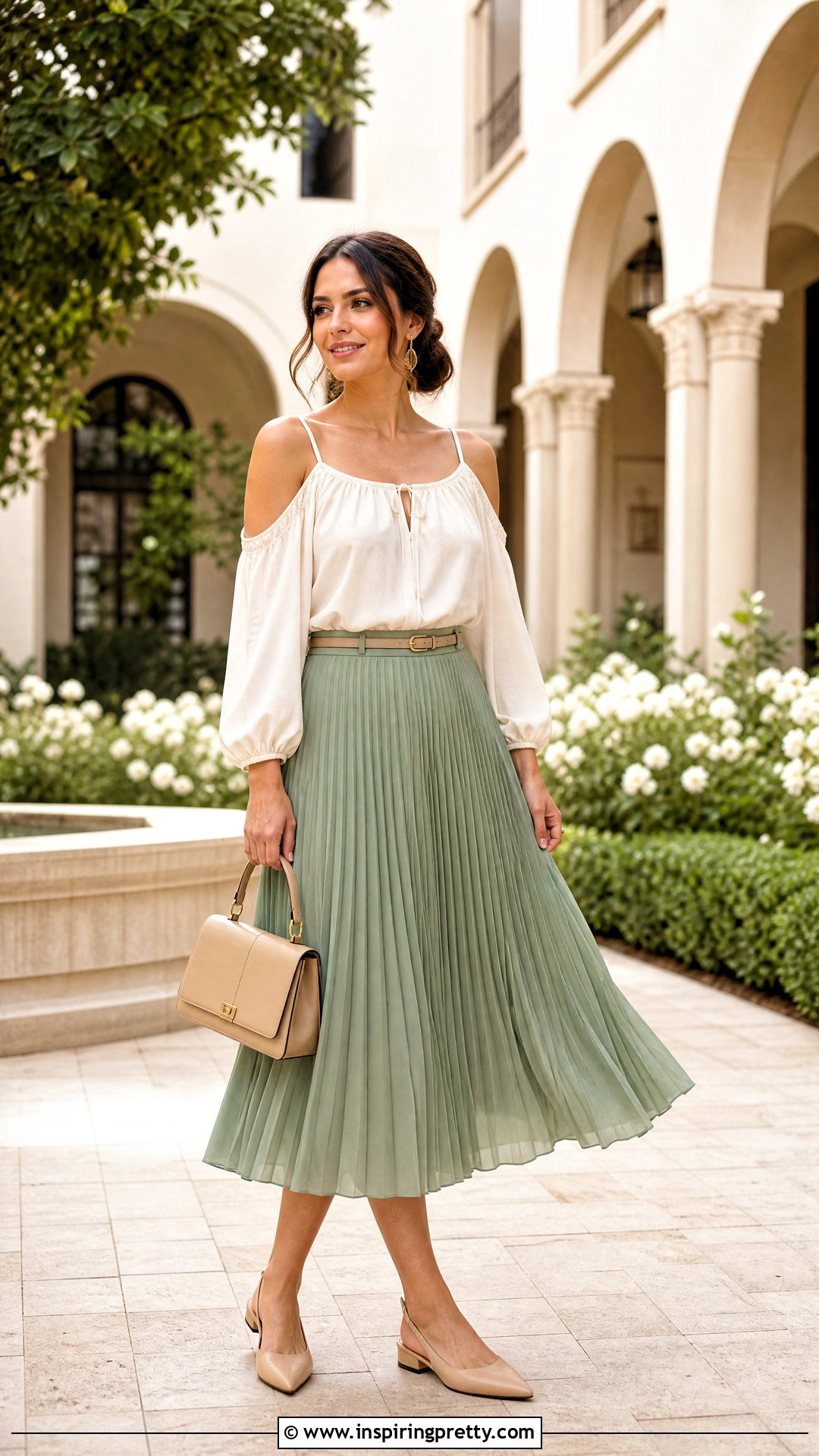 Cold Shoulder Peasant Top With A Pleated Midi Skirt - 20 cold shoulder peasant top outfit ideas