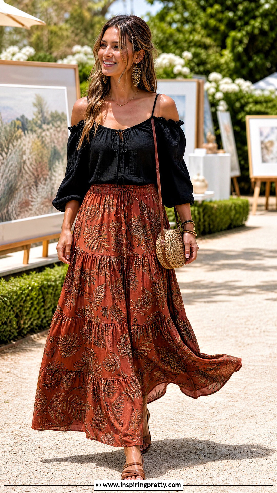 Cold Shoulder Peasant Top With A Tiered Maxi Skirt - 20 cold shoulder peasant top outfit ideas