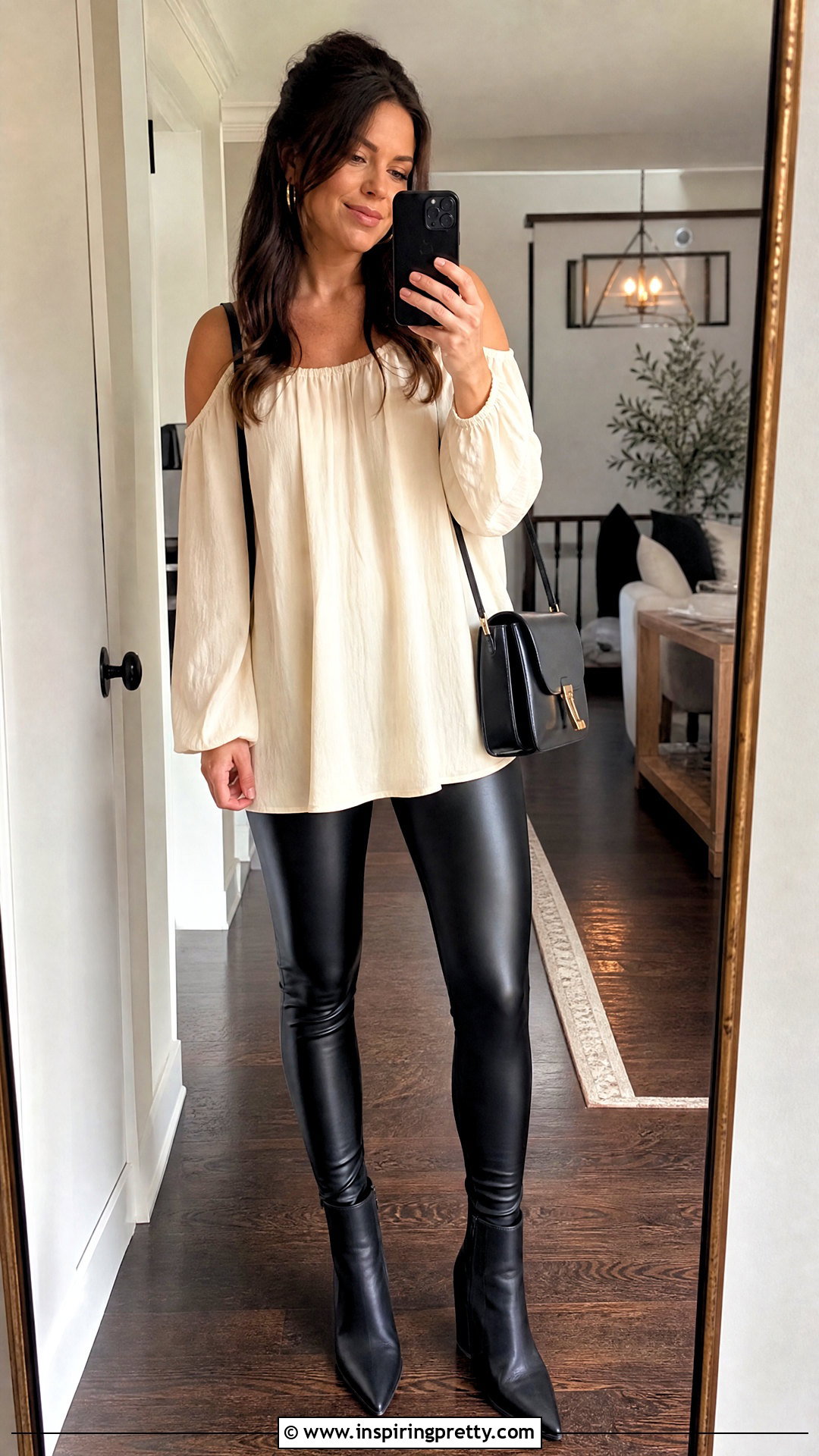 Cold Shoulder Peasant Top With Faux Leather Leggings - 20 cold shoulder peasant top outfit ideas