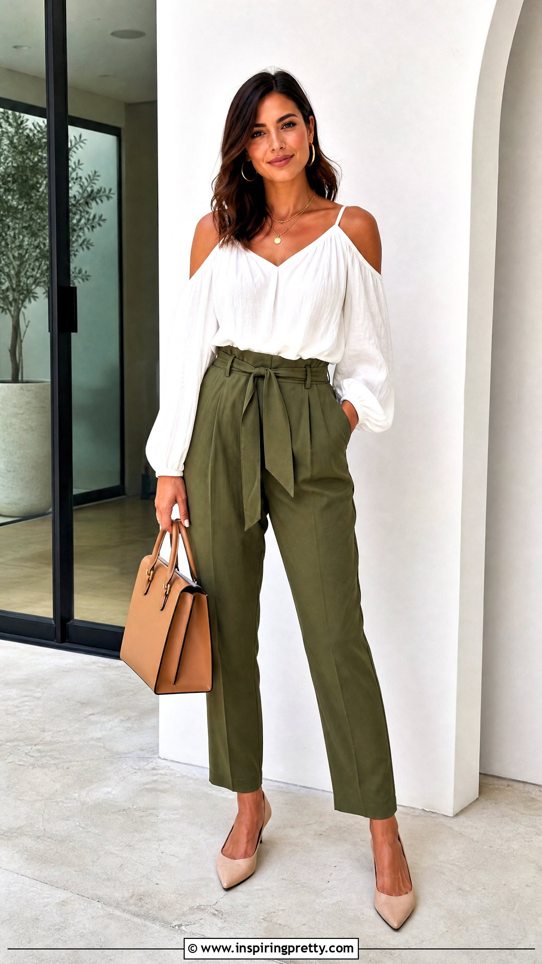Cold Shoulder Peasant Top With Paper Bag Waist Pants - 20 cold shoulder peasant top outfit ideas