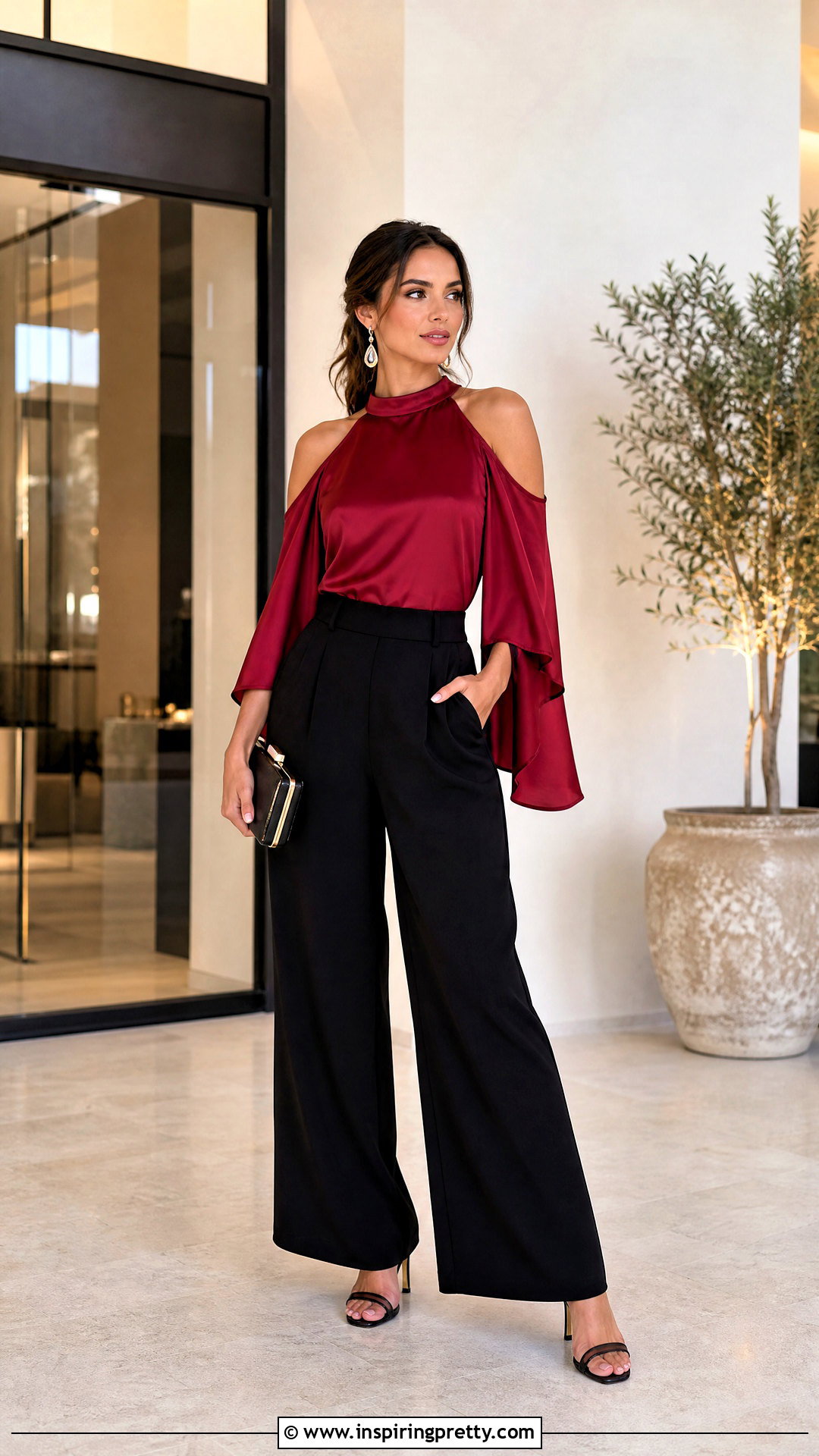 Cold Shoulder Satin Top With Wide Trousers - 50 Satin Top Designs