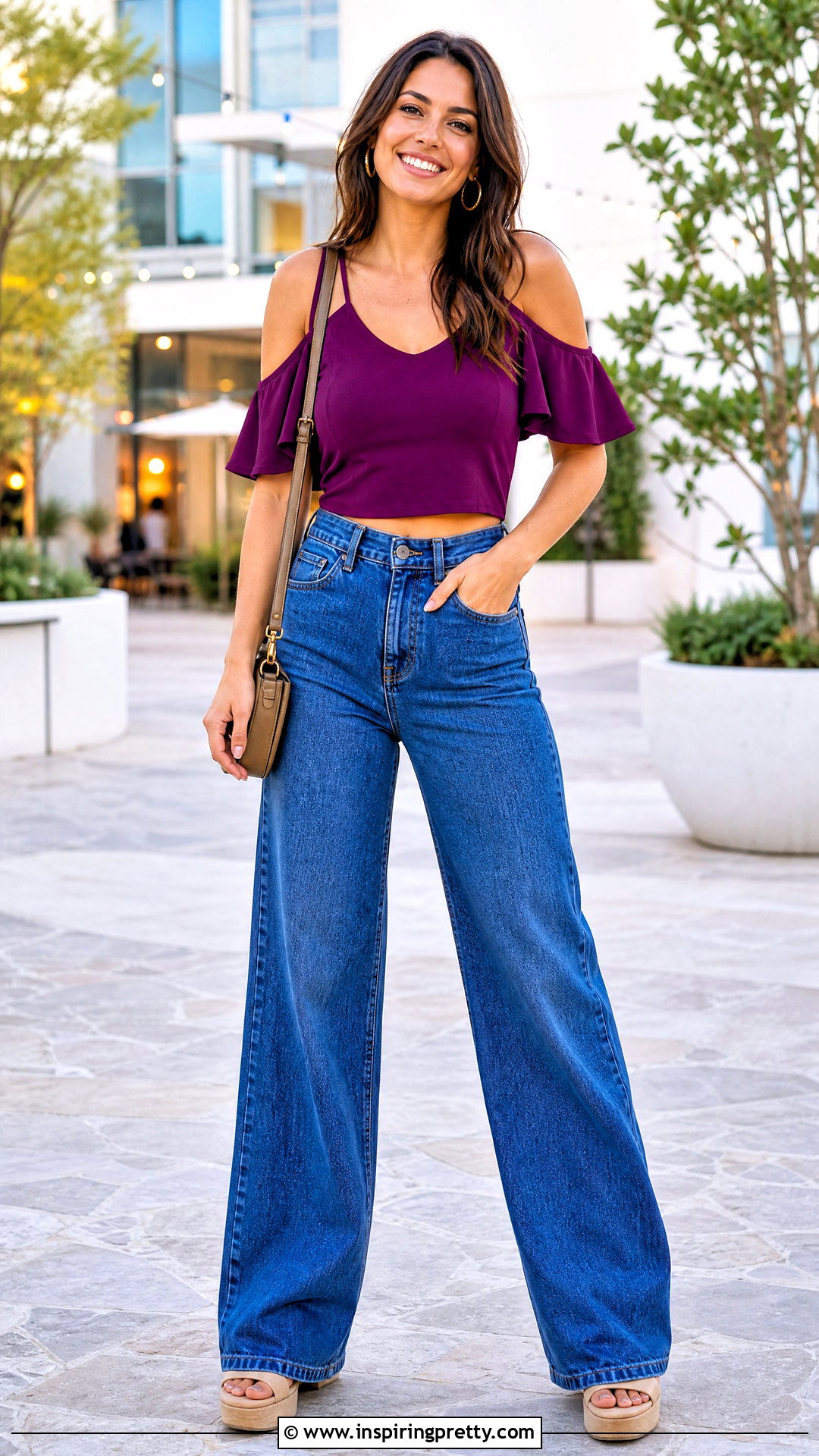 Cold Shoulder Short Top With Wide Leg Jeans - 50 short top designs