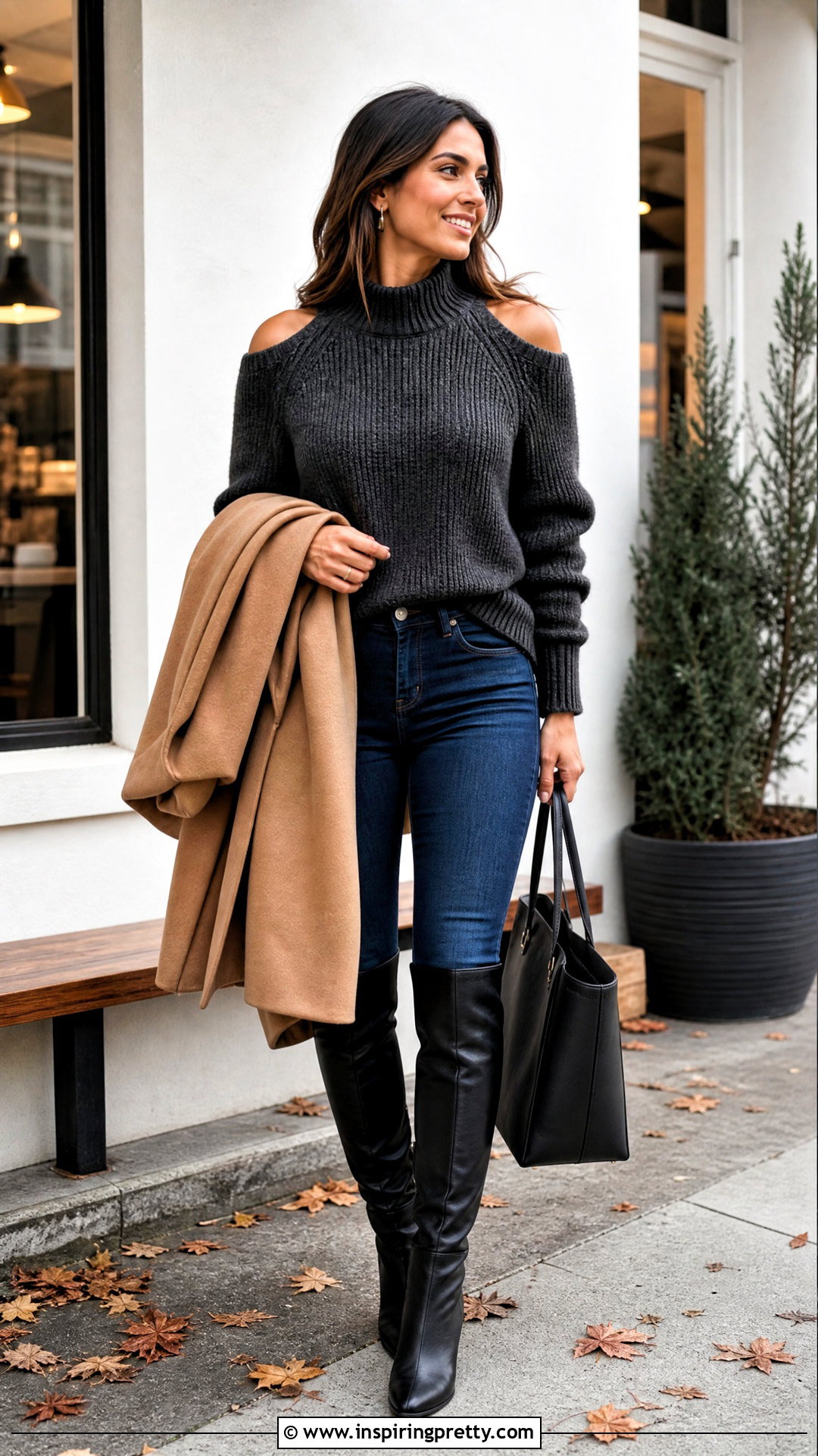 Cold Shoulder Sweater With Dark Skinny Jeans - 20 ladies cold shoulder tops outfit ideas