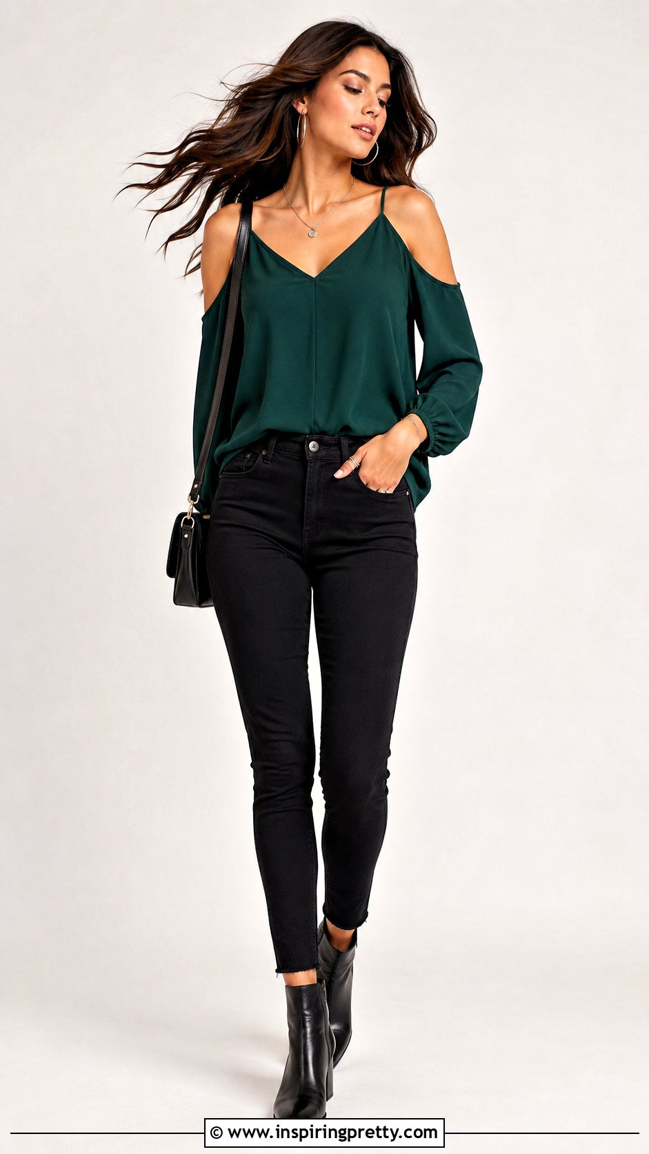 Cold Shoulder Top And Black Jeans Hair Flip Pose - 50 jeans top photoshoot poses