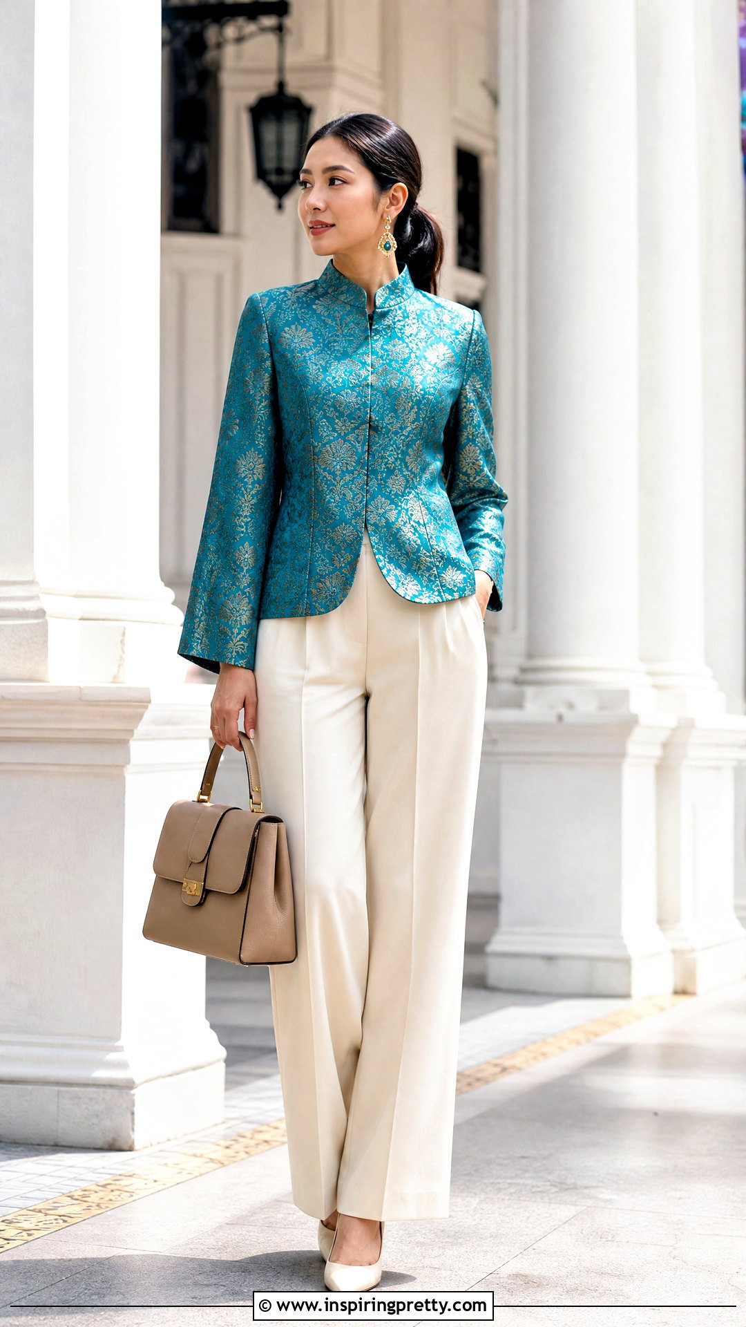 Collar Neck Brocade Top With Wide Leg Pants - 50 brocade top designs