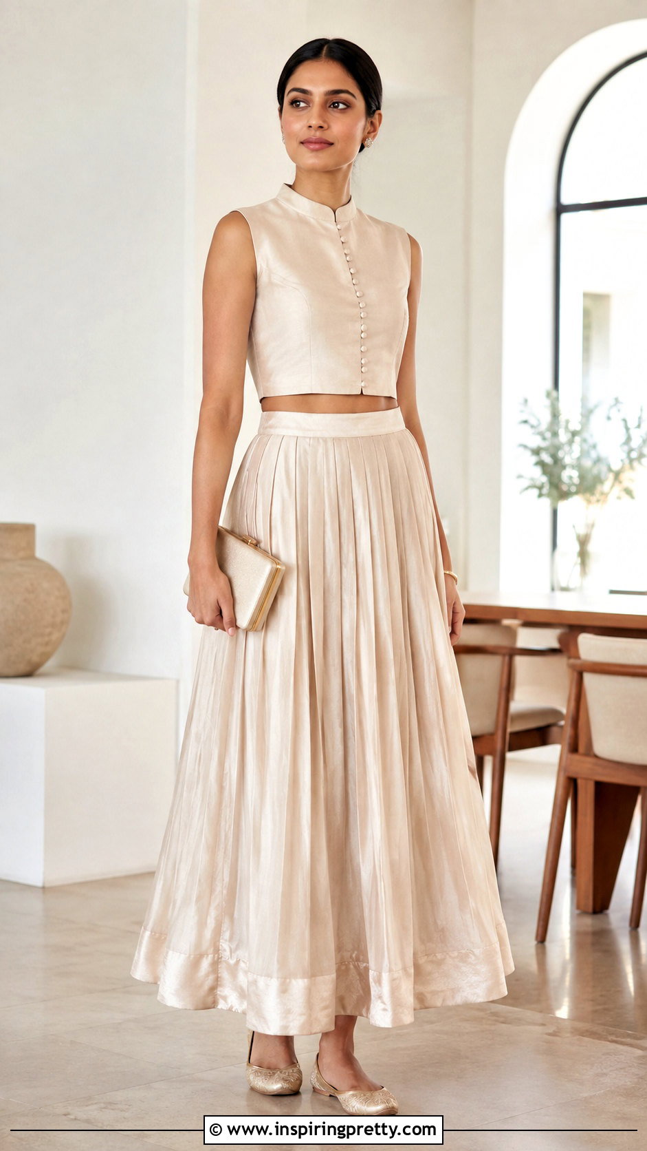 Collar Neck Crop Top With Pleated Skirt - 50 traditional crop top designs