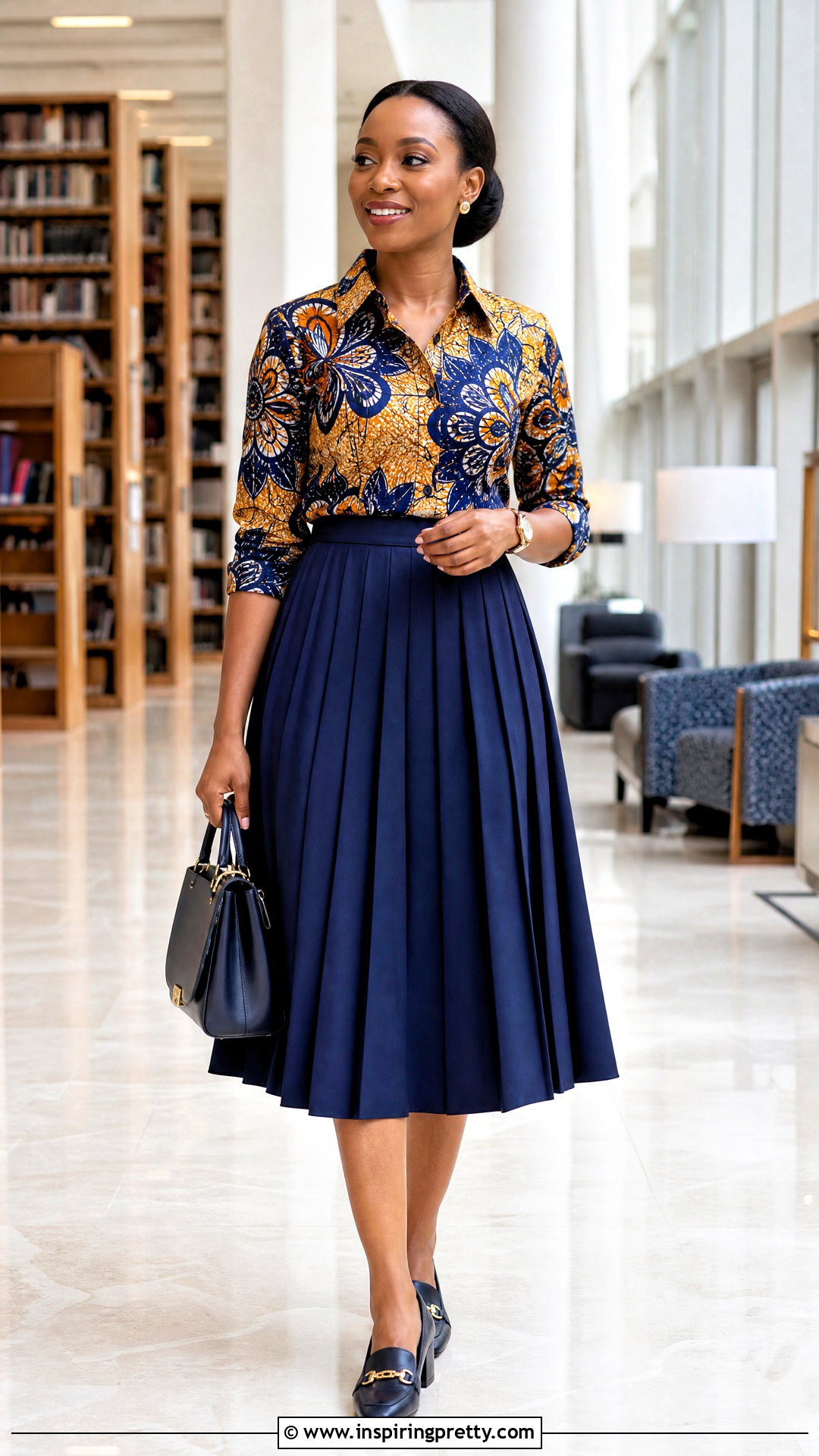 Collared Ankara Top With Pleated Skirt - 50 cute ankara tops outfit ideas