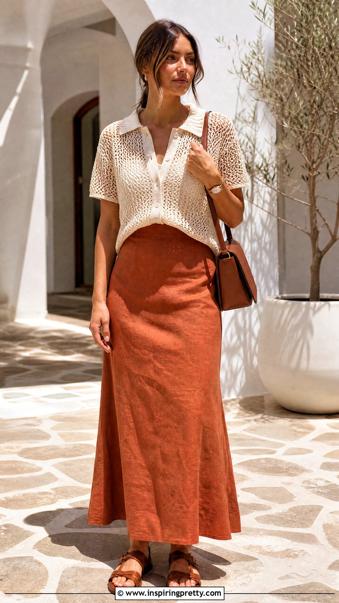 Collared Mesh Crochet Top With Linen Maxi Skirt - 50 mesh crochet top outfit ideas