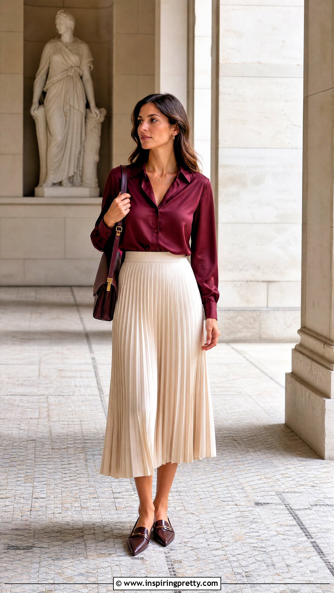 Collared Satin Top With Pleated Skirt - 50 Satin Top Designs
