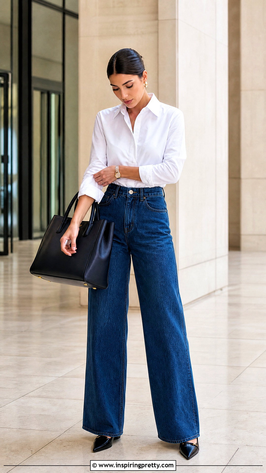 Collared Shirt And Wide Leg Jeans Sleeve Adjusting Pose - 50 Poses In Jeans Top Aesthetic Ideas