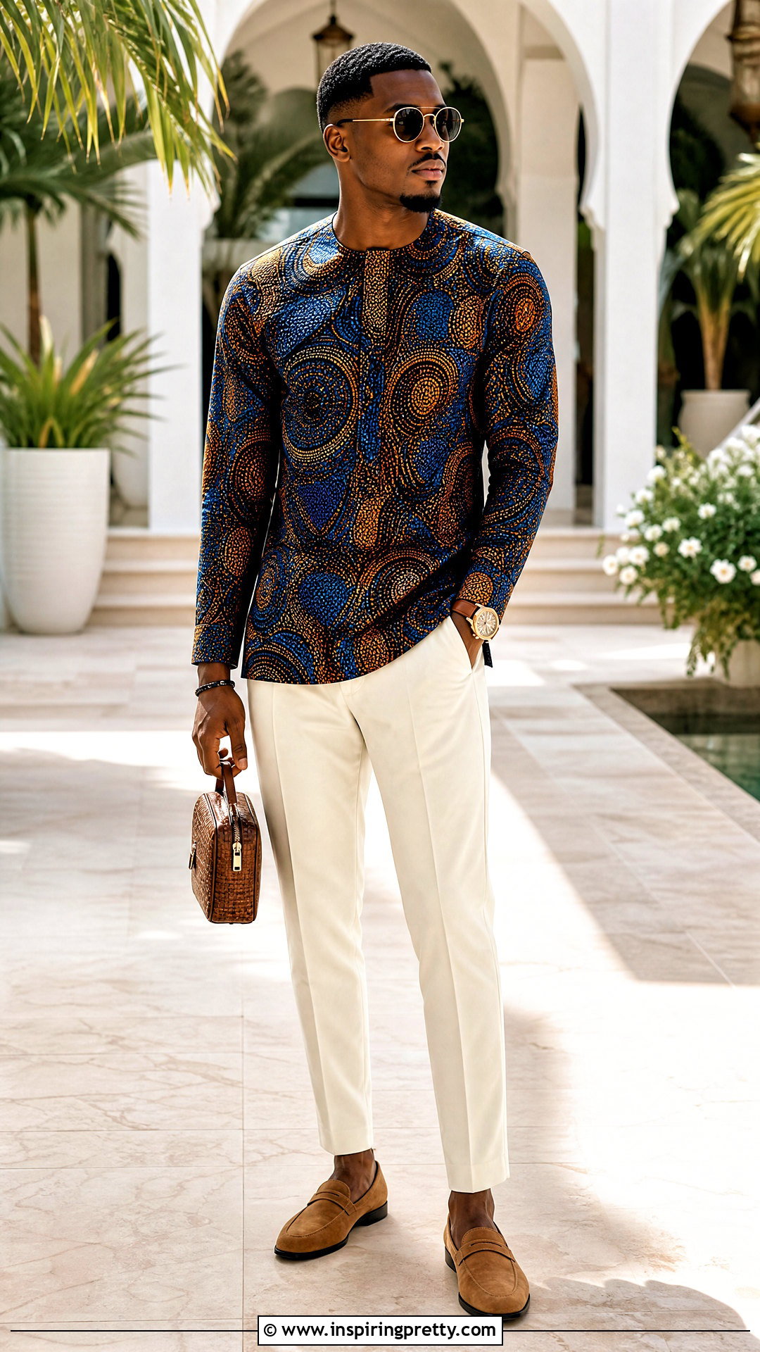 Collarless Ankara Top With Cream Trousers - 50 ankara top for men outfit ideas